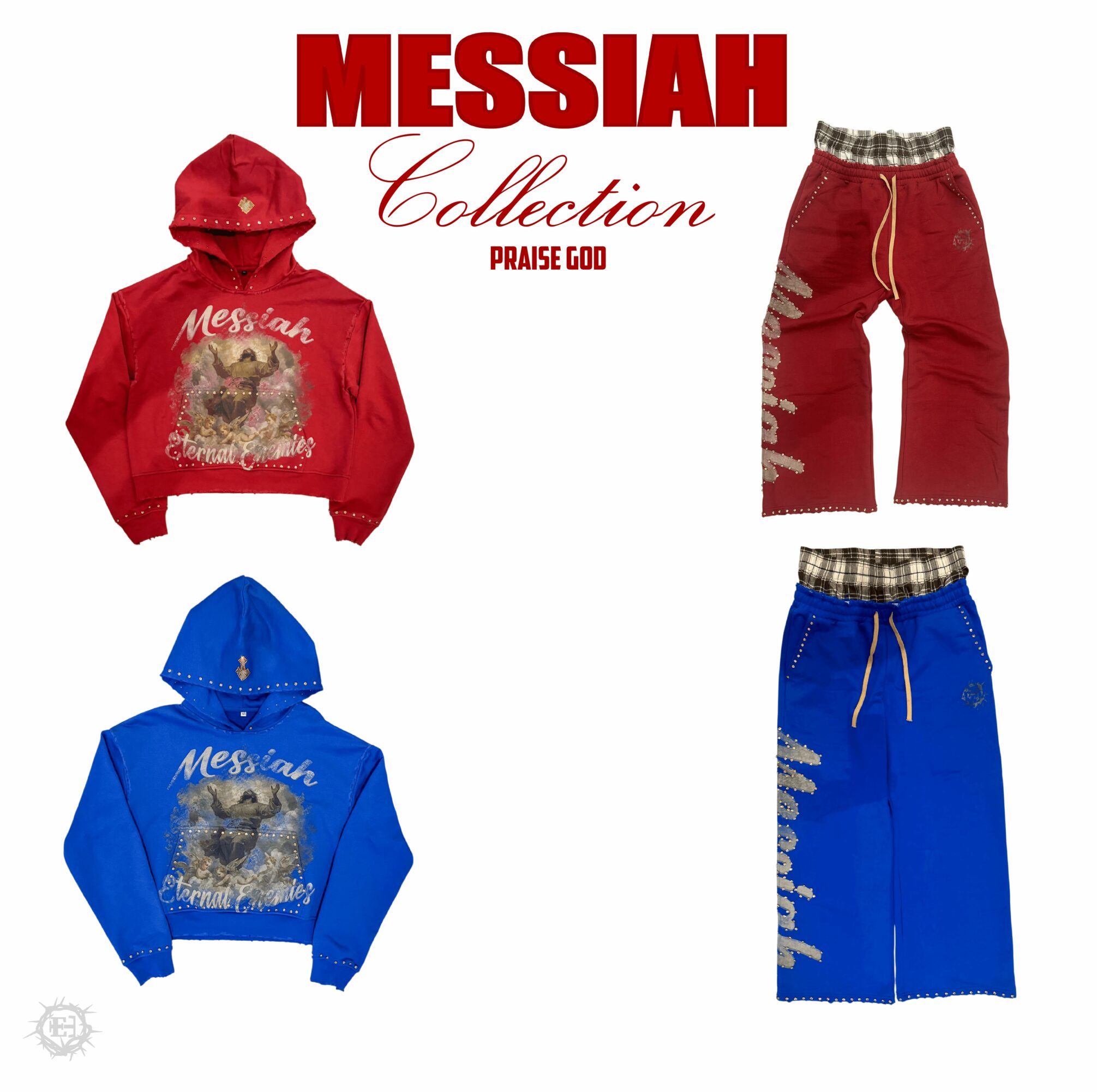 Two hooded sweatshirts and two pairs of pants, red and blue, with graphic designs and text, arranged on a white background.