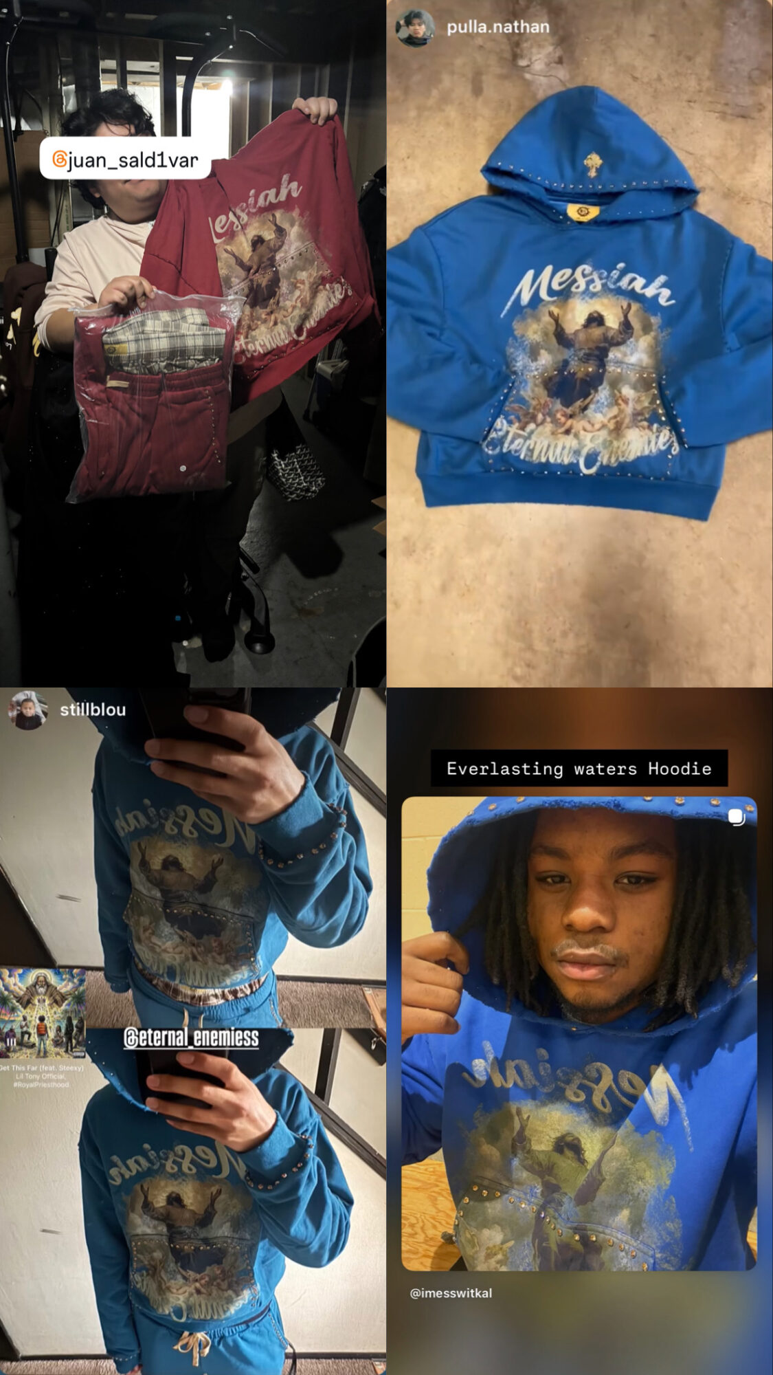 Four images of a blue hoodie with a lion graphic, worn by a person and displayed flat, with text overlays.
