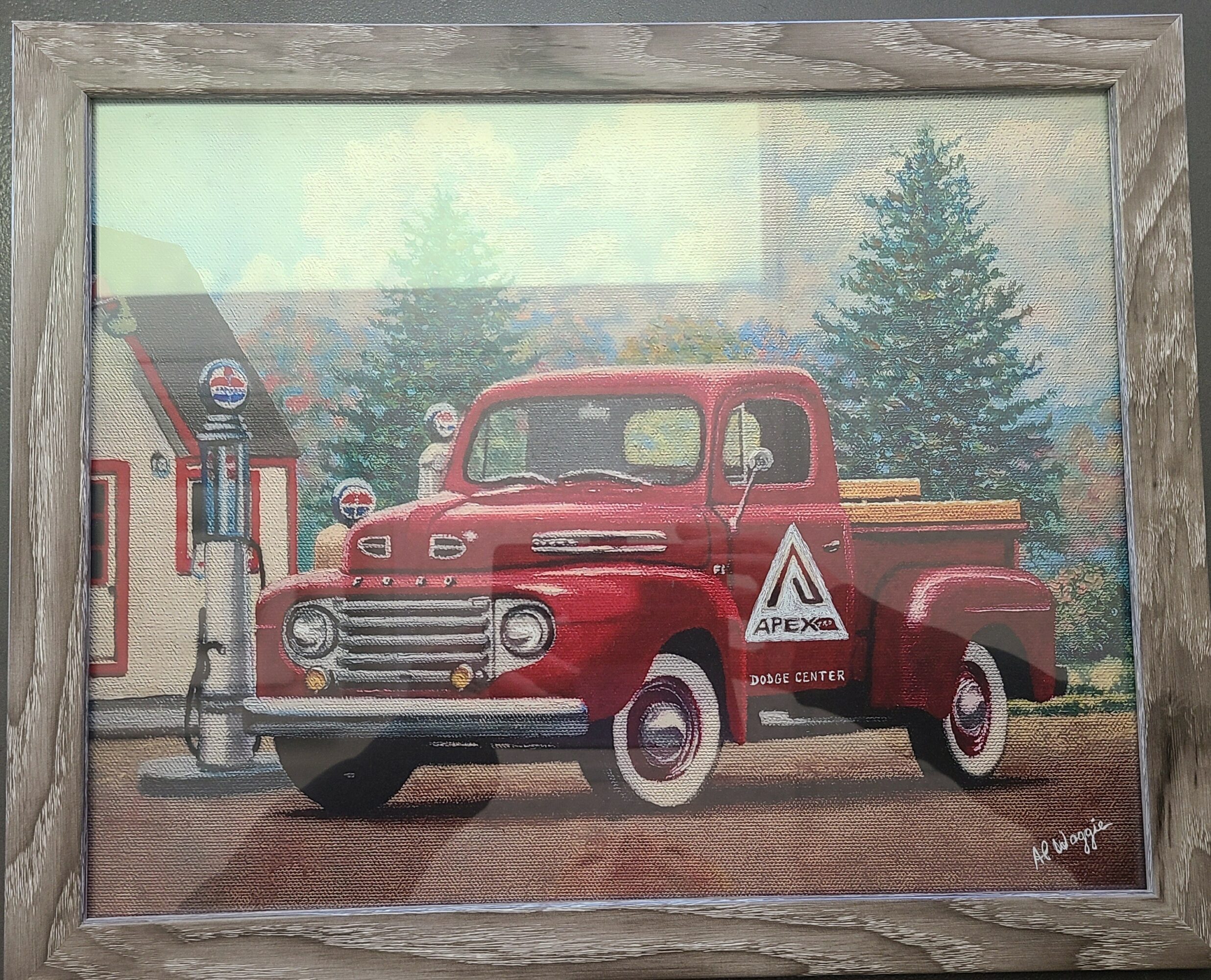 Red vintage pickup truck parked near a gas station with trees in the background, painted in a realistic style.