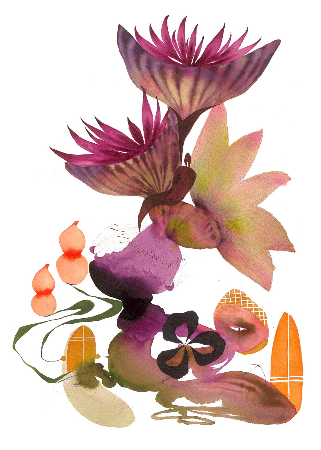 Arrangement of pink and purple flowers with orange and pink elements, on a white background.