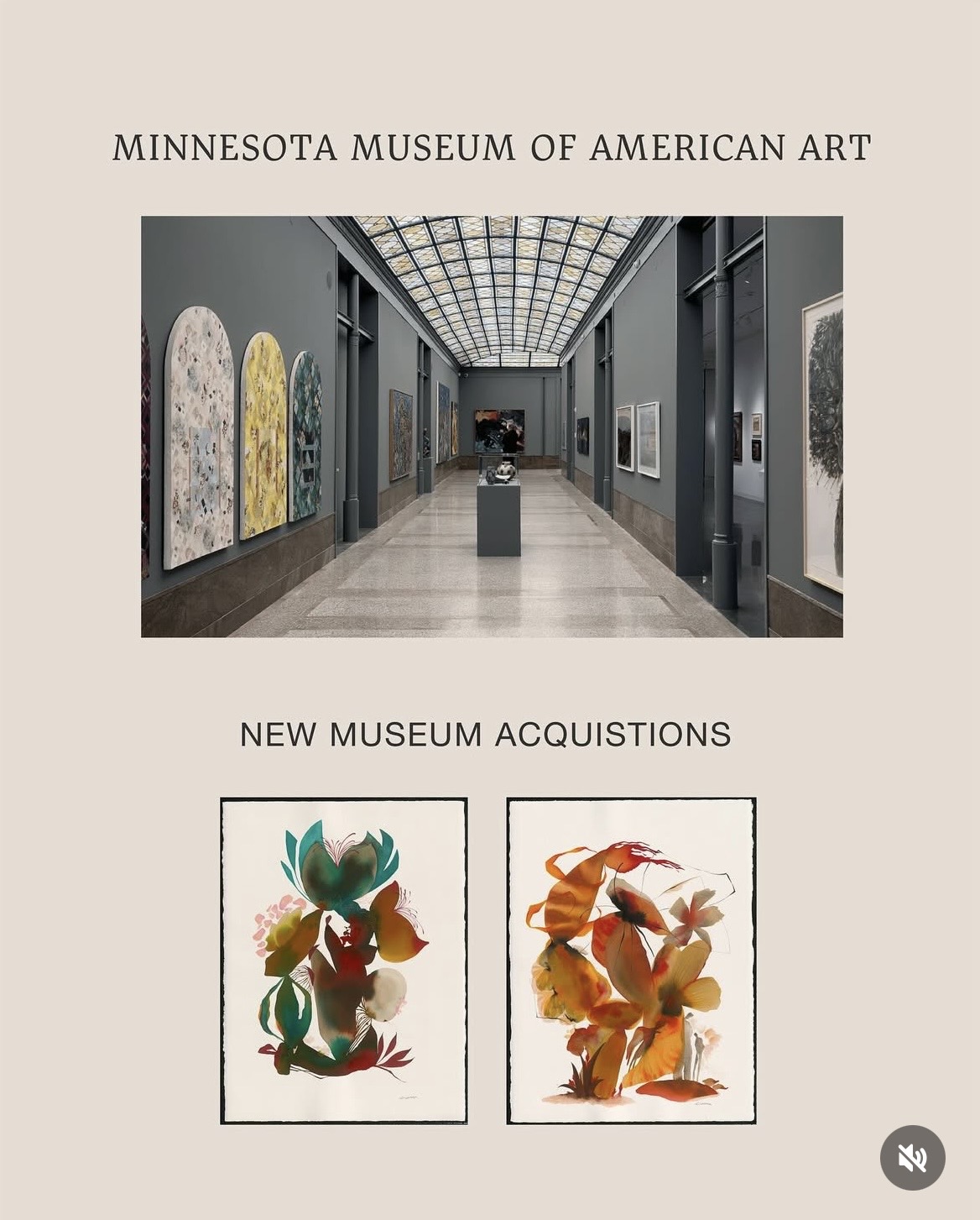 Gallery interior with artwork displayed on walls and a skylight ceiling, titled Minnesota Museum of American Art, new acquisitions below.