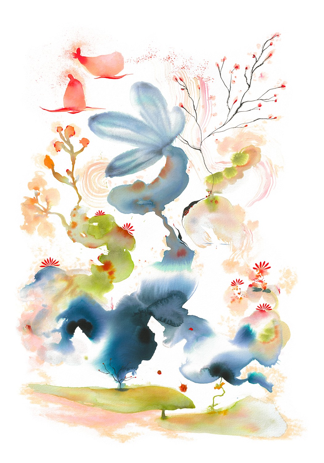 Watercolor painting of a butterfly, plants, and abstract elements with soft pastel colors.