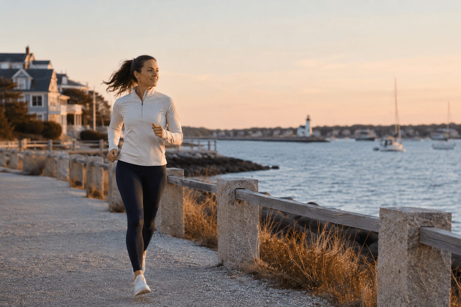 Woman jogging along a waterfront promenade during sunset, with boats in the water and houses in the background.