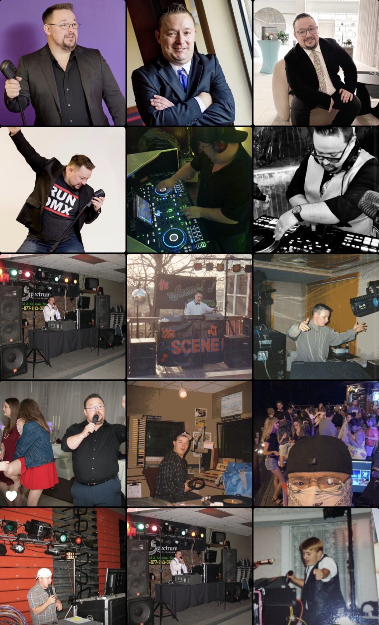 Collage of people at events, DJ, and performances in various settings, some with equipment and stage lighting.