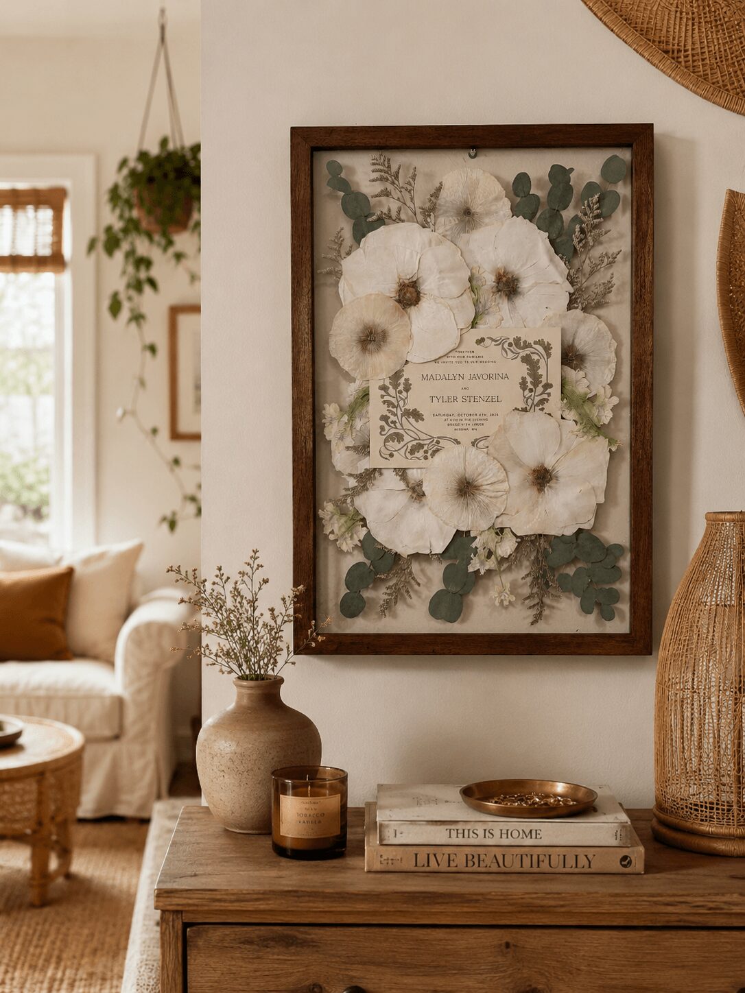 Framed floral artwork with white flowers and green leaves hangs on a wall, surrounded by home decor items.