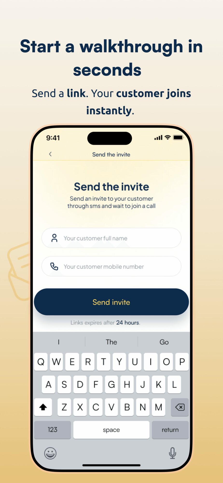Smartphone screen showing a messaging app with a 'Send invite' button and instructions to start a walkthrough quickly.