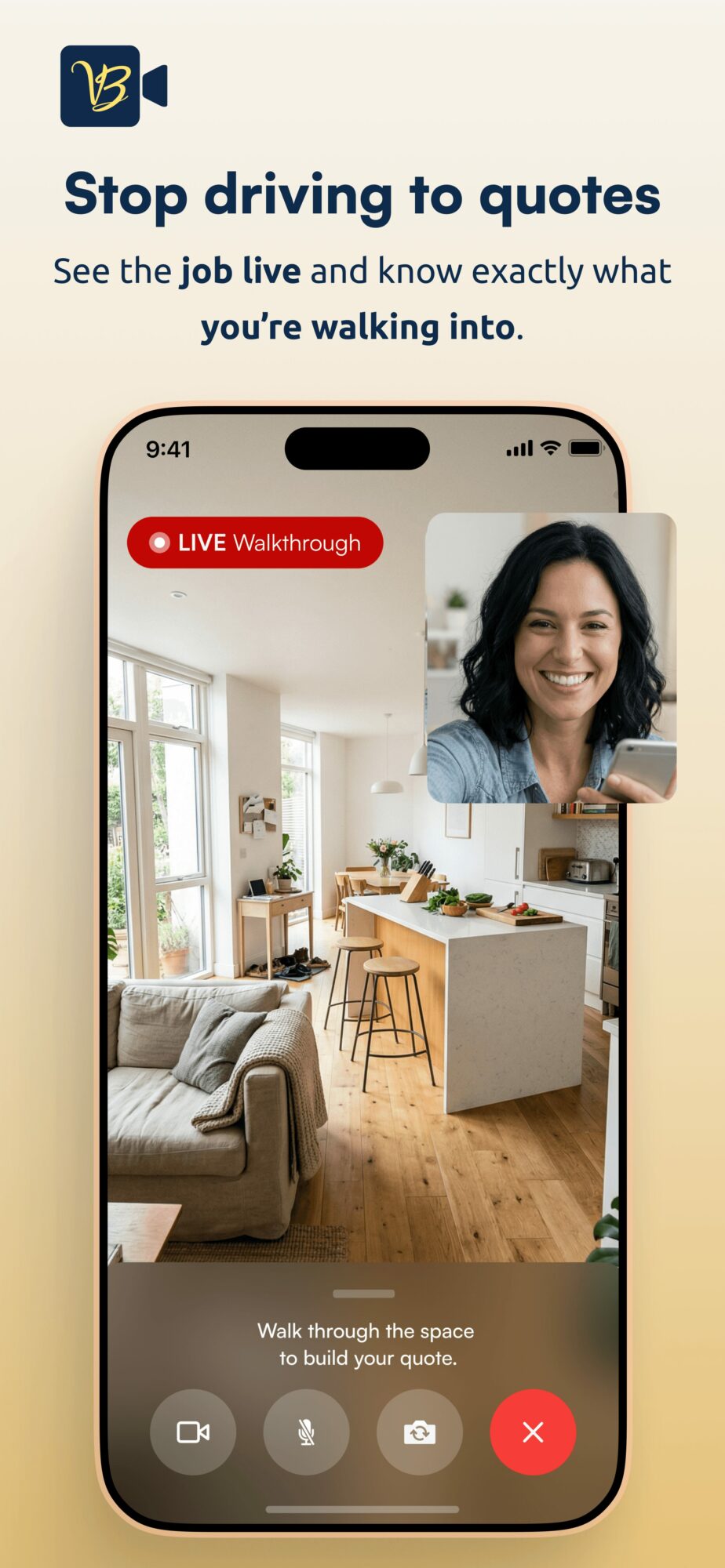 Smartphone screen showing a video call with a woman smiling, living room background, and a red live walkthrough banner.