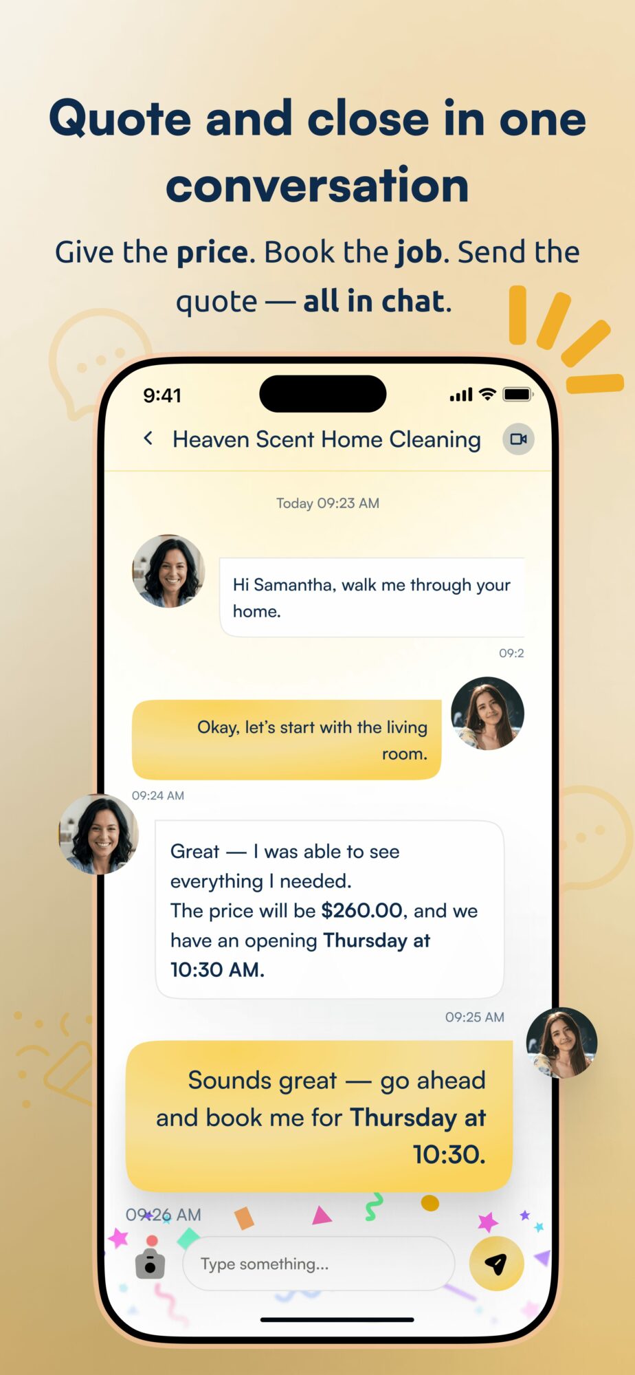 Screenshot of a messaging app with conversation about booking a cleaning service, including highlighted text and profile pictures.