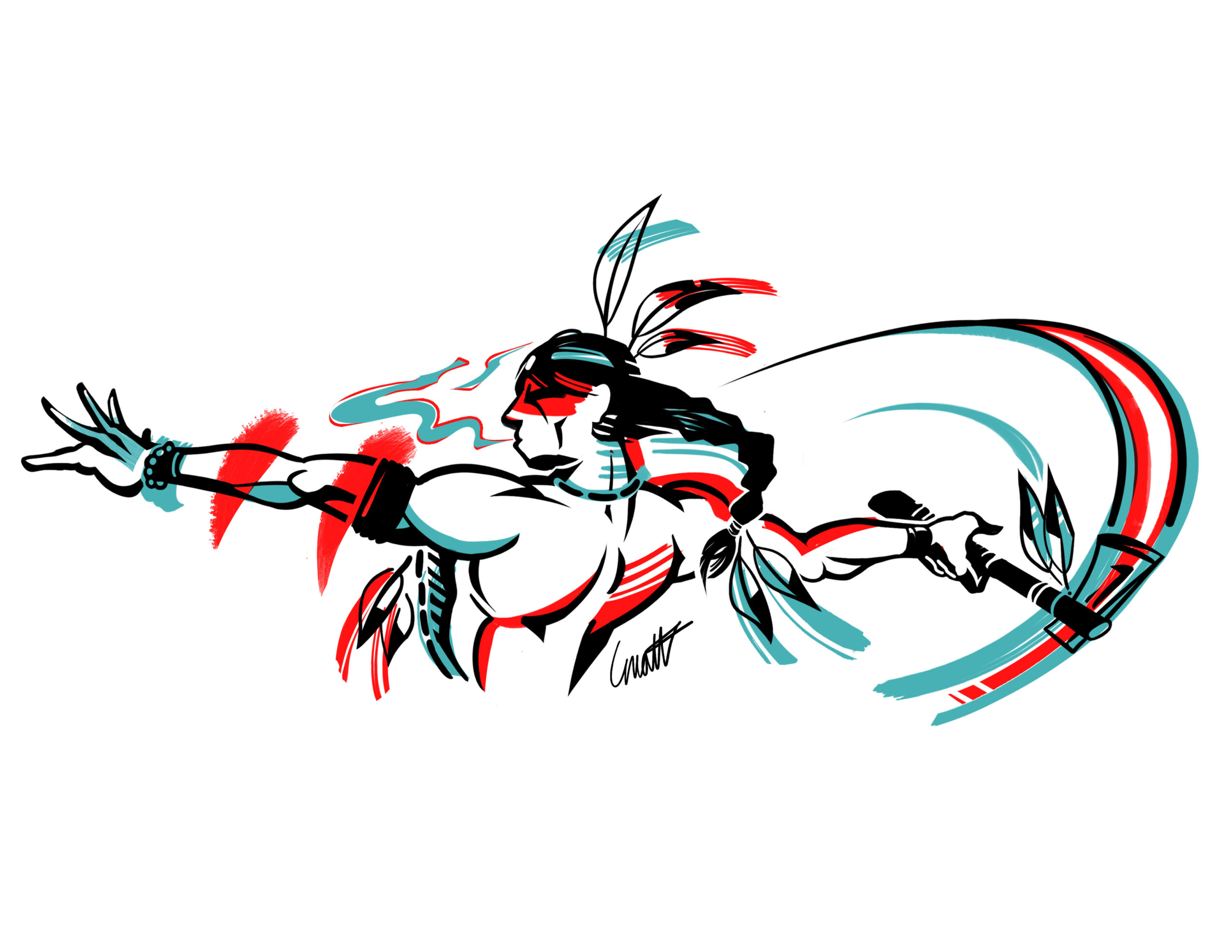 A stylized, abstract illustration of a humanoid figure with outstretched arms, featuring red, black, and blue accents, and dynamic lines.