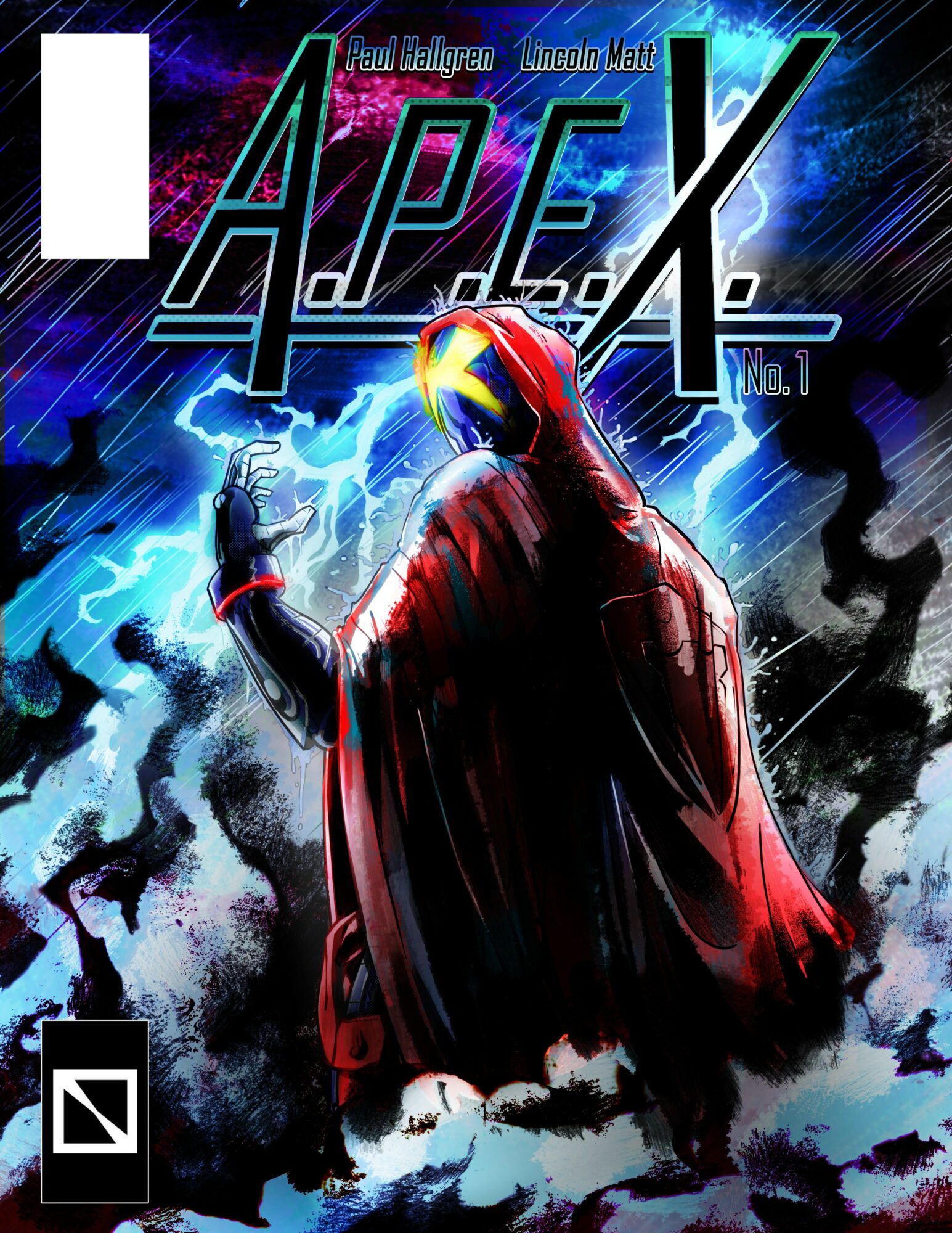 A hooded figure in a red cloak stands amidst lightning and dark clouds, with a glowing yellow eye and a raised hand.