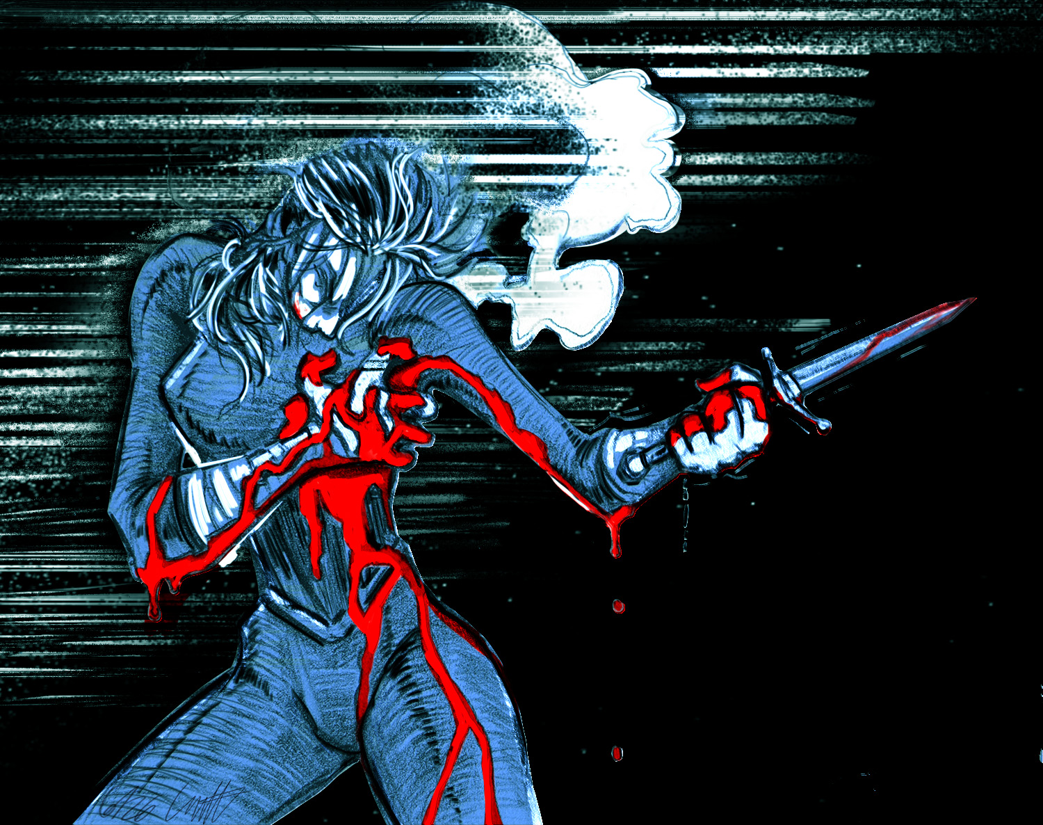 A character with long hair and a dark outfit holds a knife with blood, standing against a dark background.