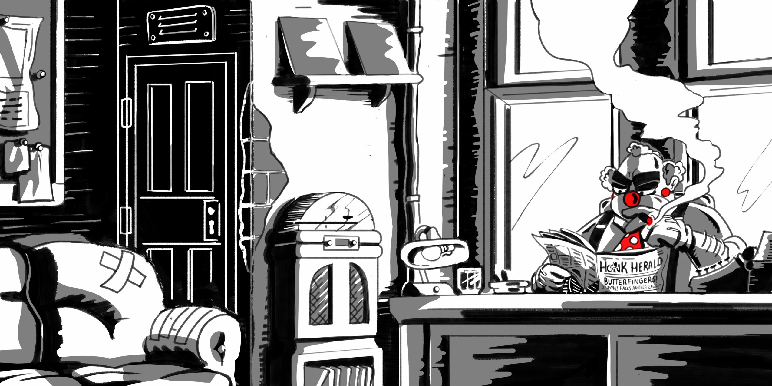 Black and white illustration of a room with a door, window, and a robot sitting at a desk with a cup, with a cat nearby.