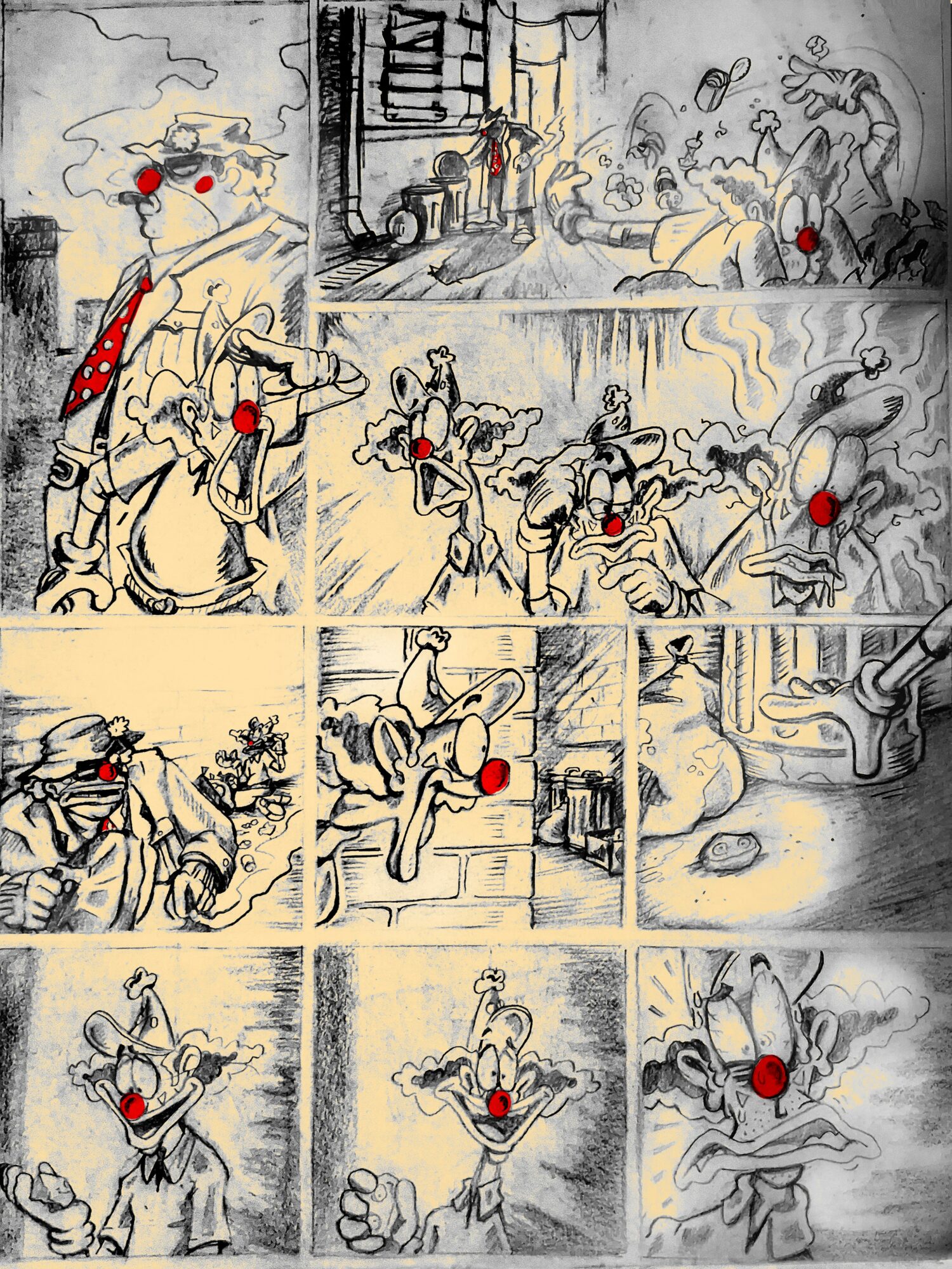 Comic strip with characters wearing red noses, performing various activities, including dancing and playing instruments, in black and white with red accents.