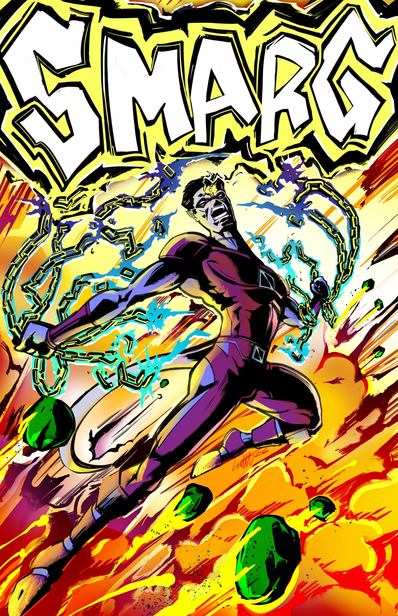 A comic book character with lightning and energy effects, surrounded by green and black objects, with a fiery background.