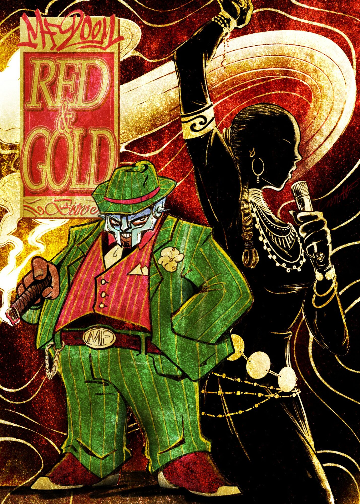 Illustration of a man in a green pinstripe suit and a woman in a black dress with a microphone, with a sign reading 'Red Gold' in the background.