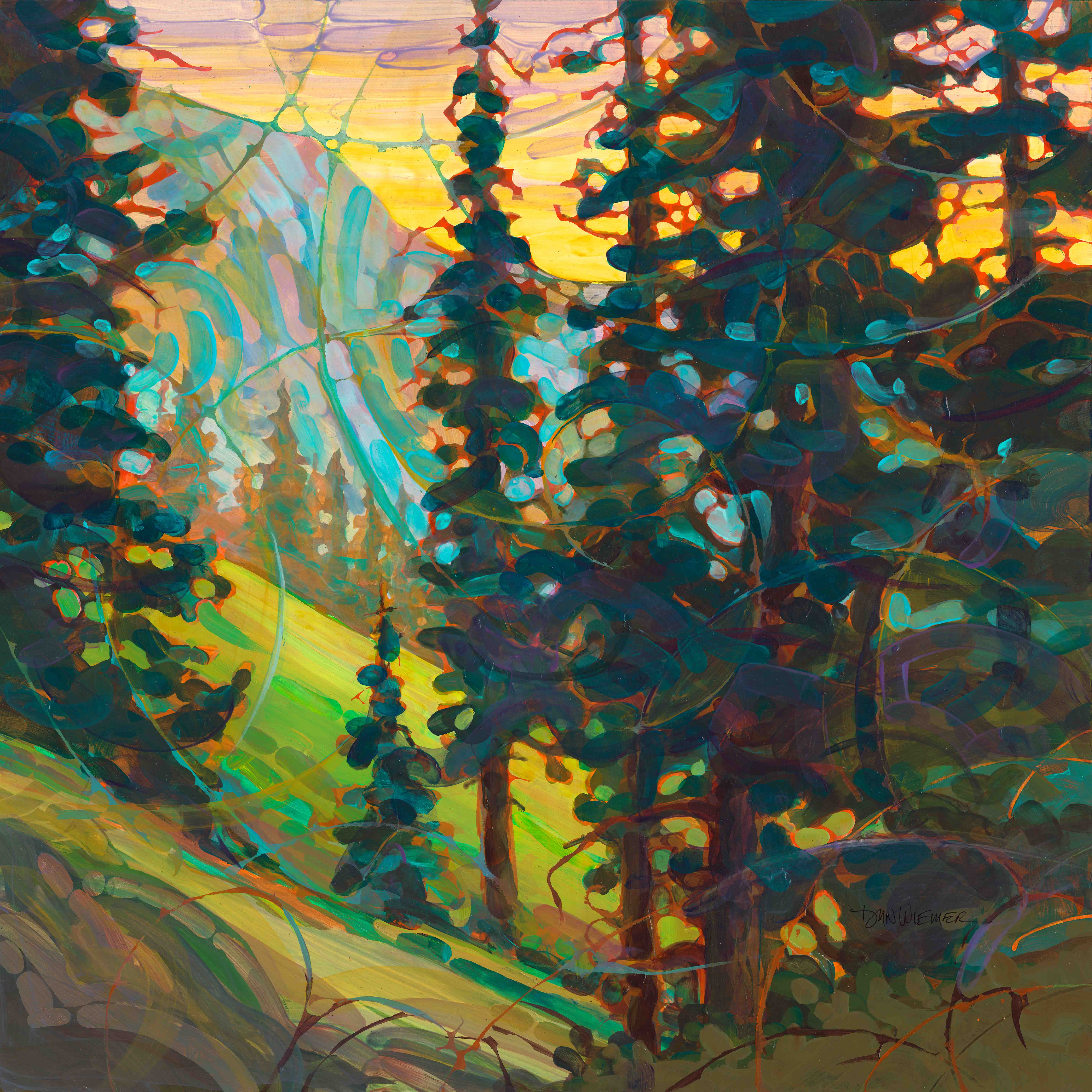 Colorful abstract painting of trees and a sunset with vibrant greens, blues, and warm yellow hues.