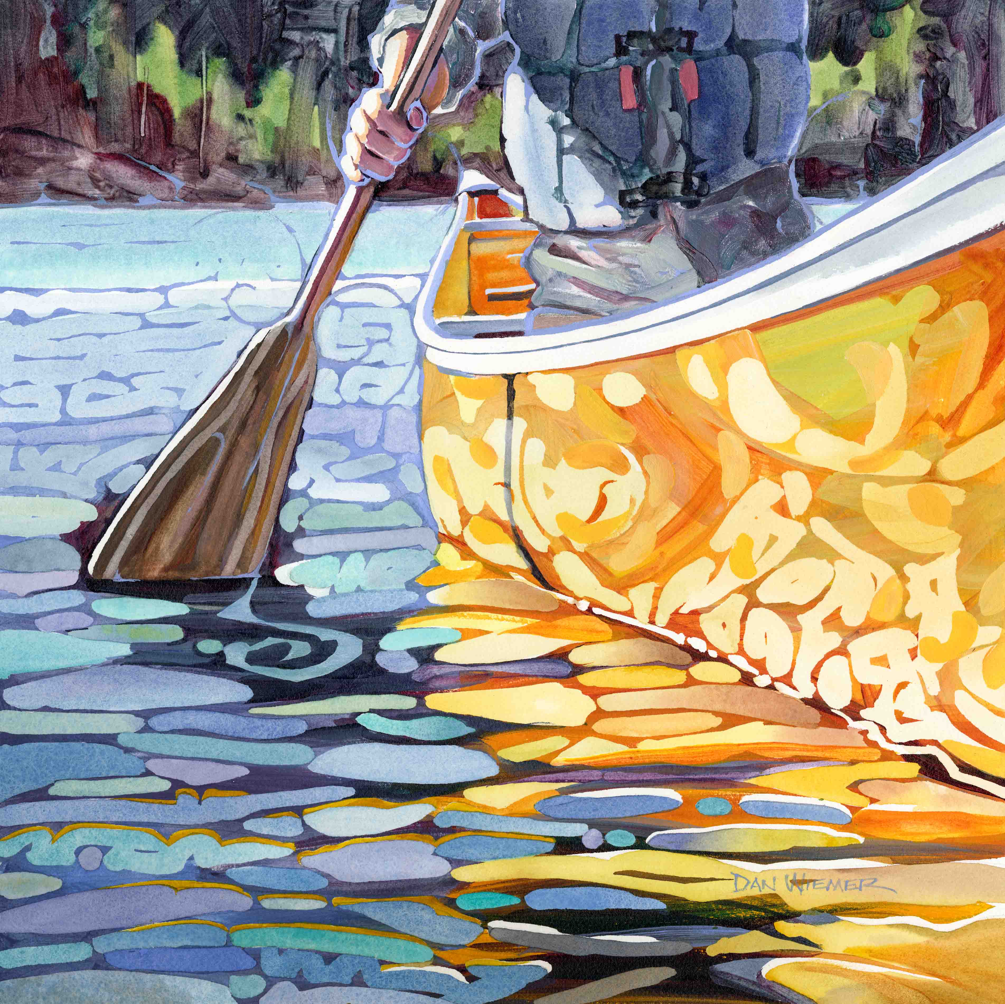 Person paddling a boat on water with colorful reflections, holding a paddle, with trees in the background.