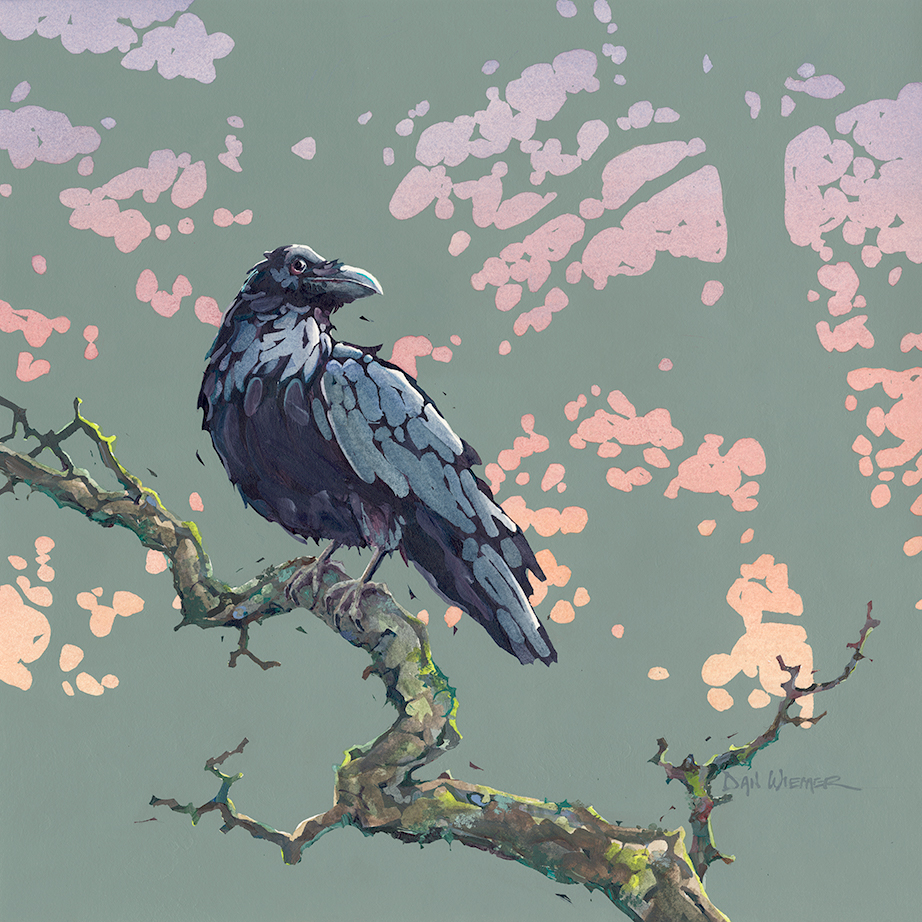 A detailed illustration of a black bird perched on a twisted, leafless branch against a pastel pink and green background.