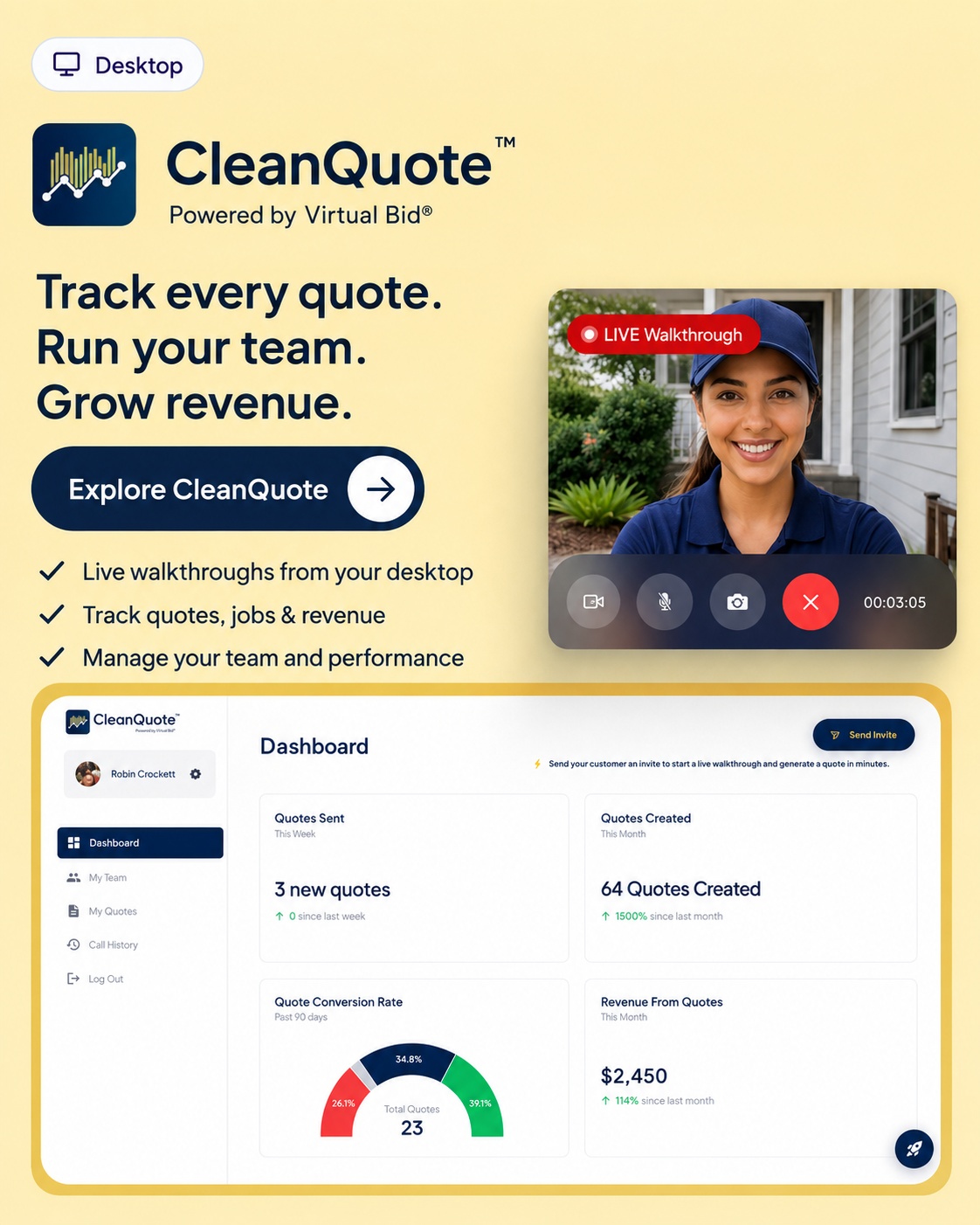 Screenshot of CleanQuote website with a woman in a blue uniform smiling, and a dashboard showing quotes and revenue data.