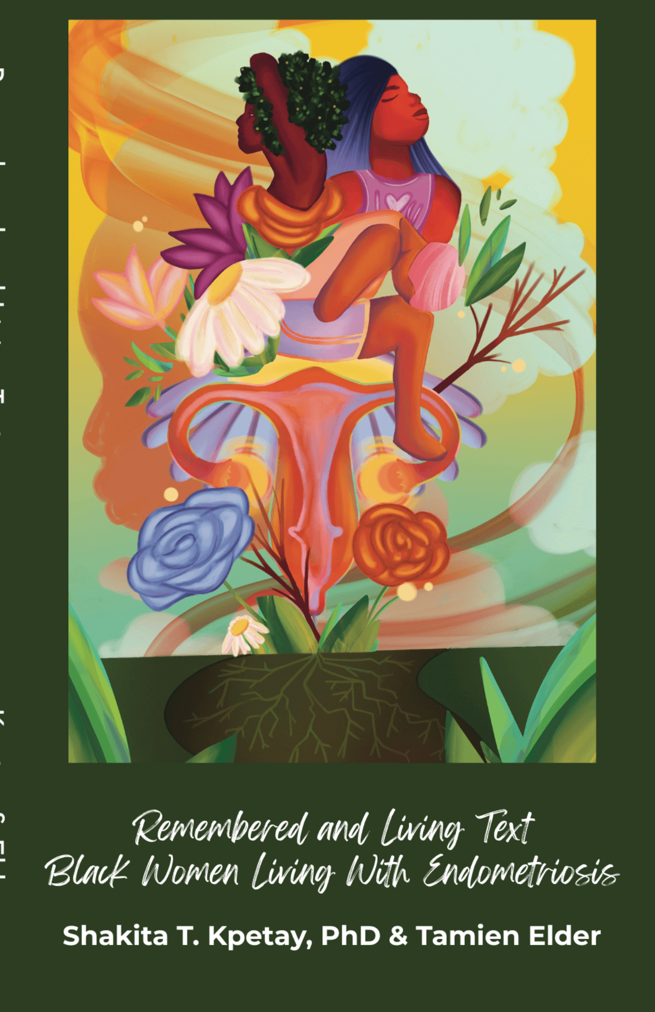Colorful illustration of a woman with flowers and plants, with a background of bright sky and clouds.