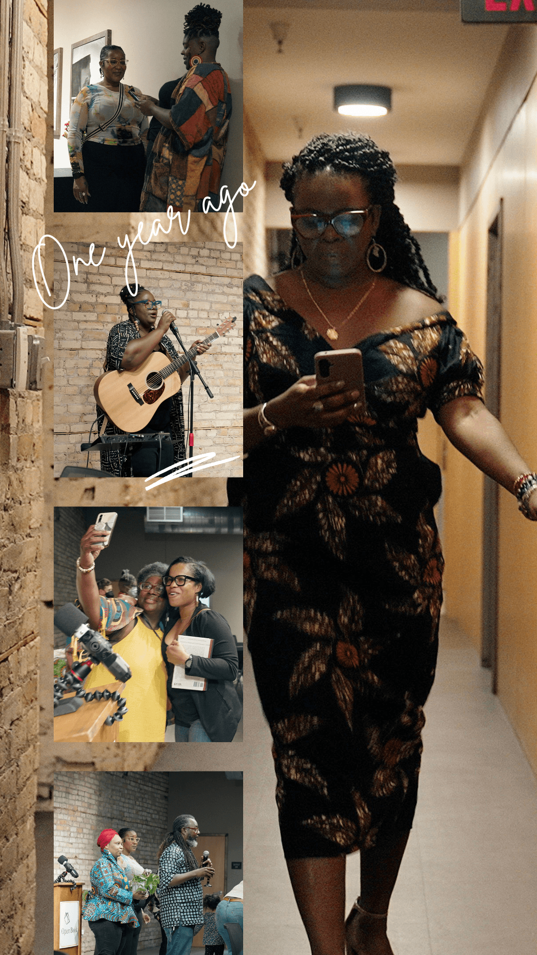Woman in patterned dress walking down hallway, taking a selfie, with smaller images of people playing guitar and socializing.