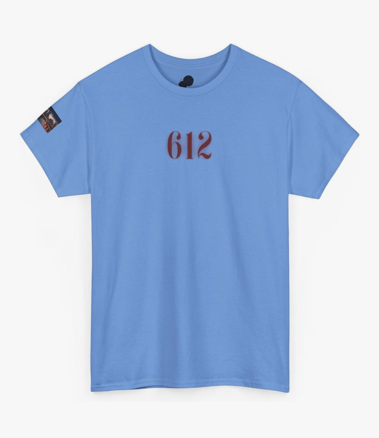 Blue T-shirt with red '612' text on front, small patch on sleeve, round neckline, short sleeves.