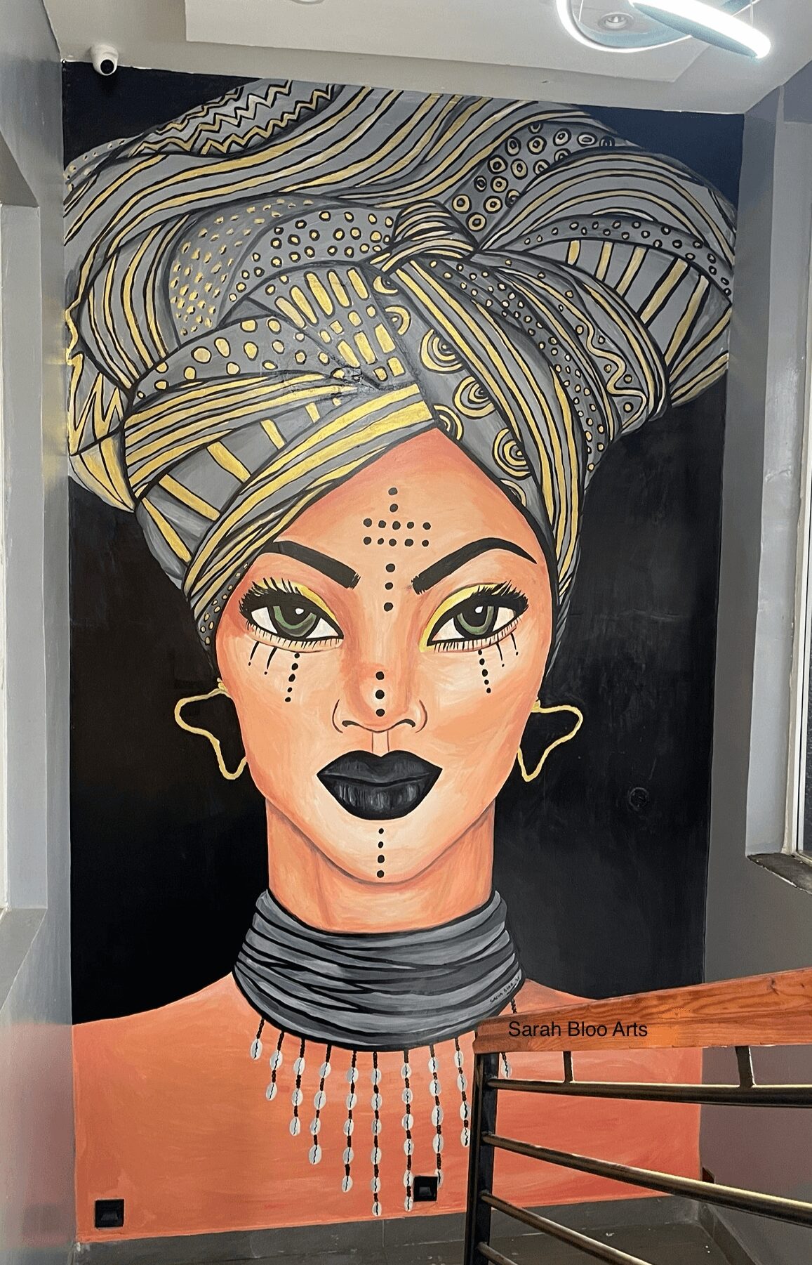 Portrait of a woman with a headwrap, bold makeup, and jewelry, painted on a black background.