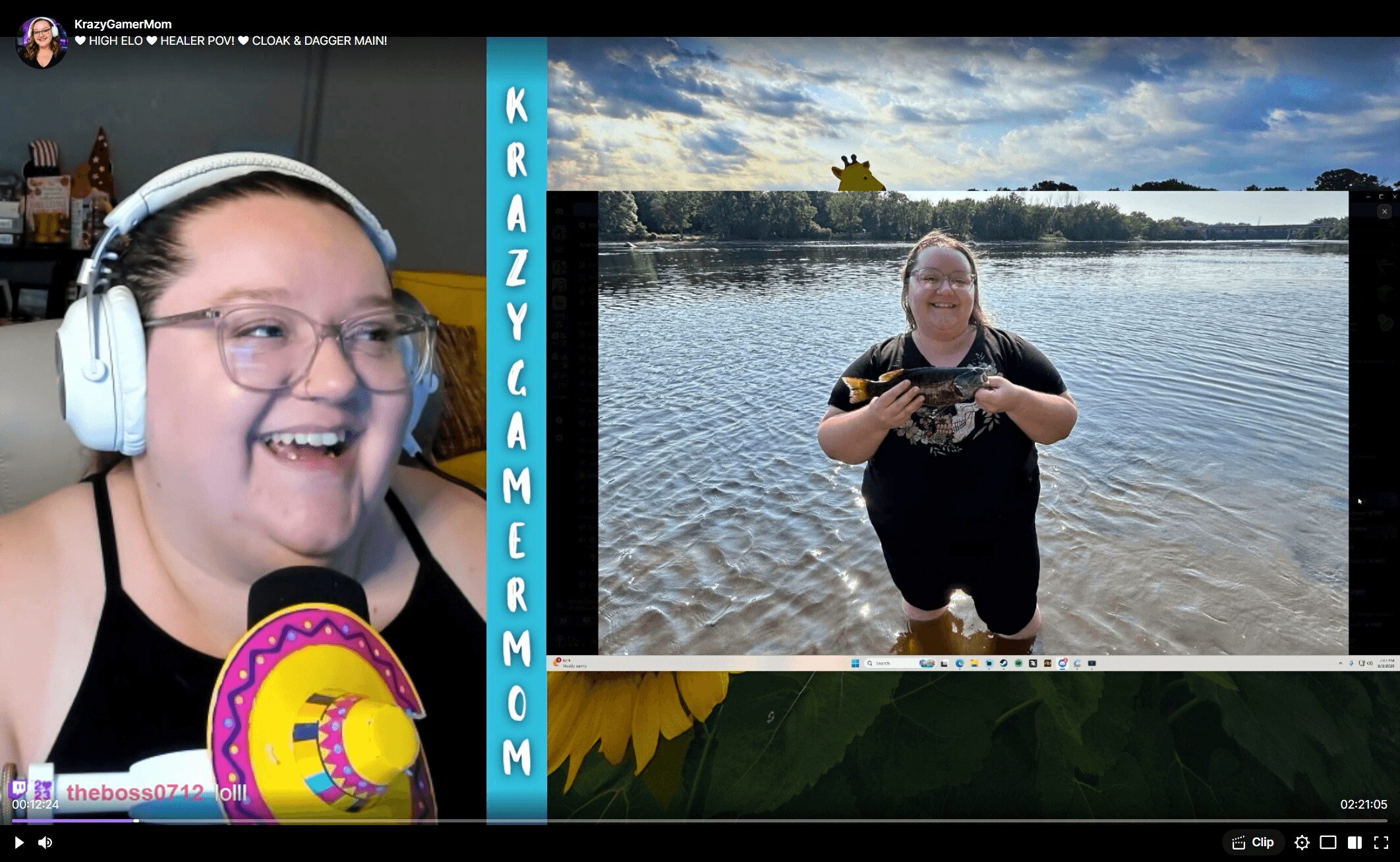 Two women, one smiling with headphones, the other standing in water holding a phone outdoors, with a lake and trees in background.