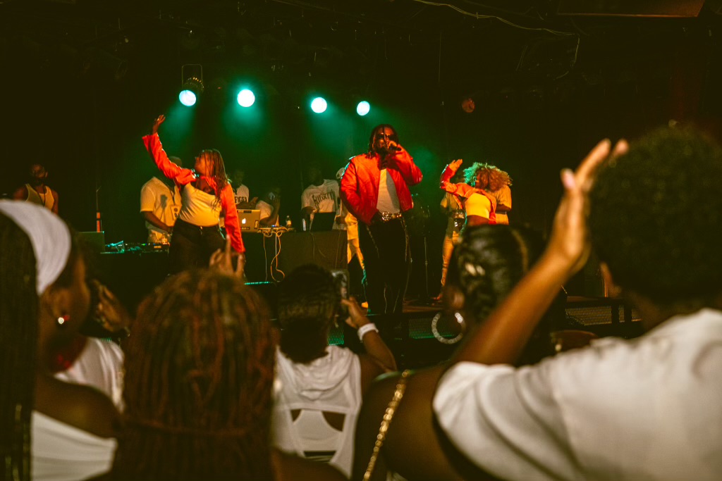 Musicians perform on stage with green lights, audience watching, some raising hands, in a lively concert setting.