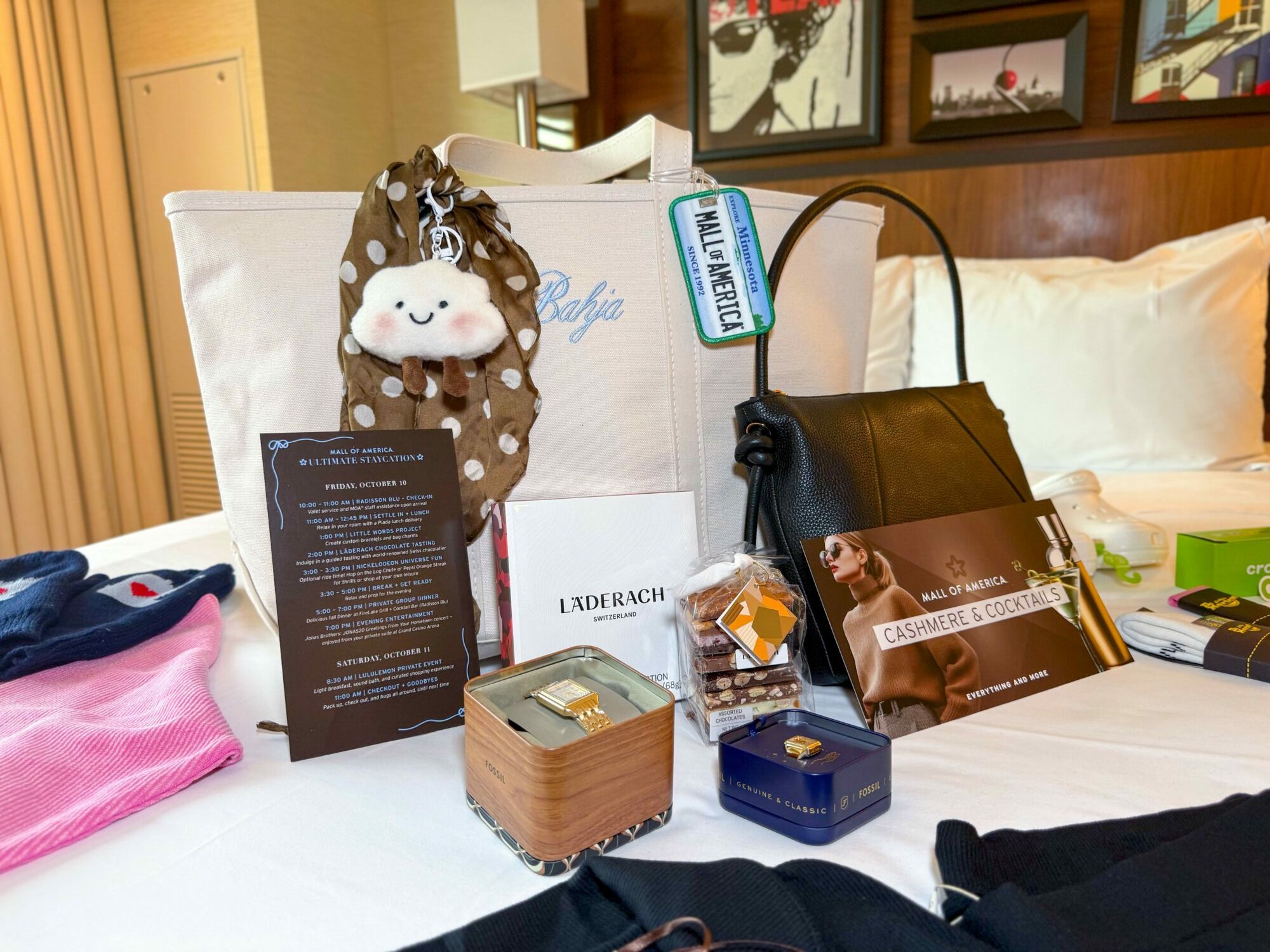 Various items on a hotel bed, including a plush toy, bags, and toiletries, with framed pictures on the wall behind.