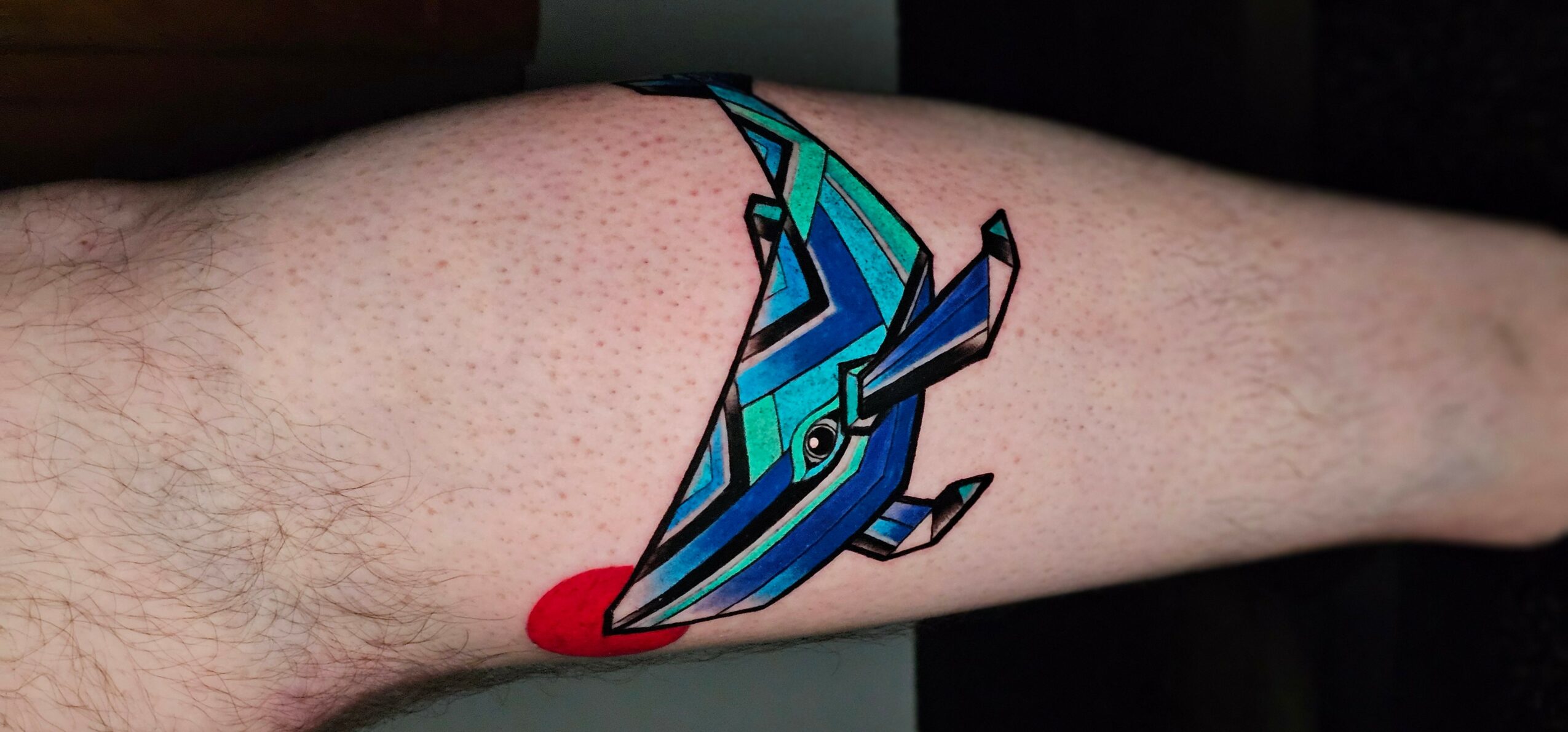 Colorful geometric dolphin tattoo on person's arm, with a red accent below, in a stylized design.
