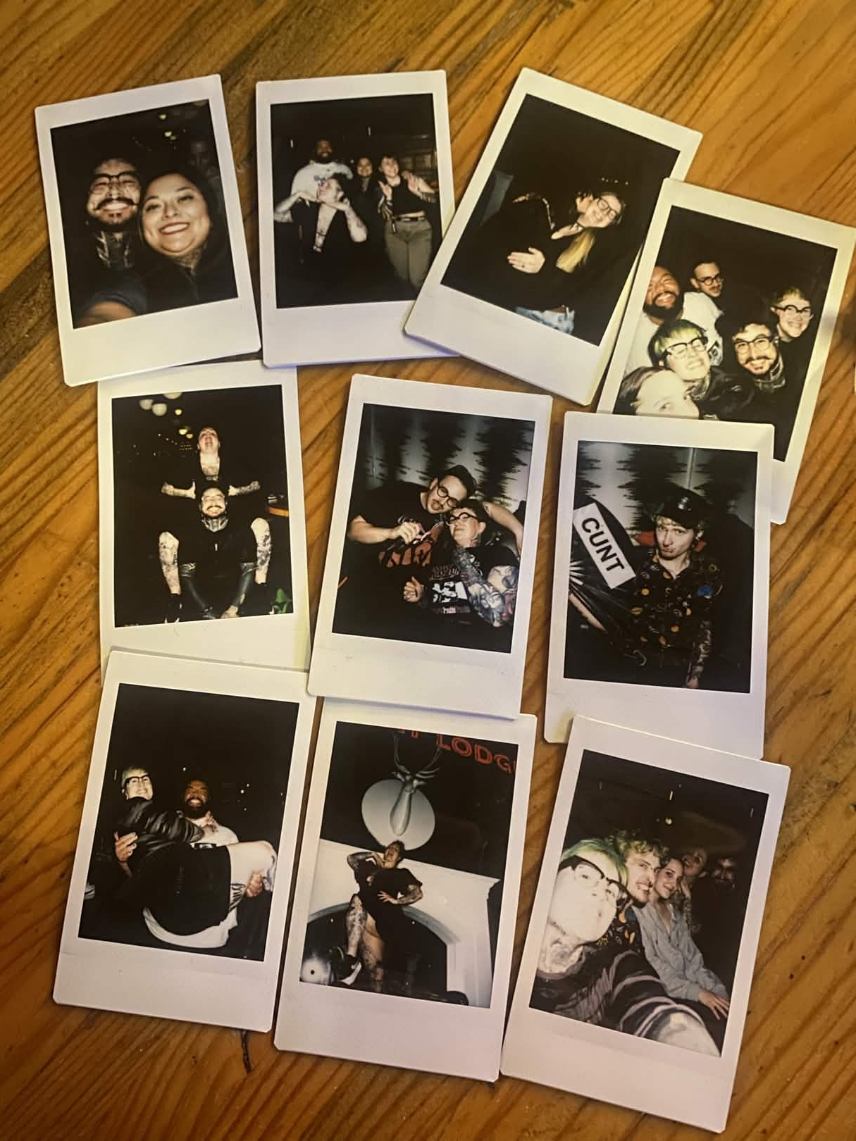 Collection of ten Polaroid photos on a wooden surface, featuring people in various poses and settings.