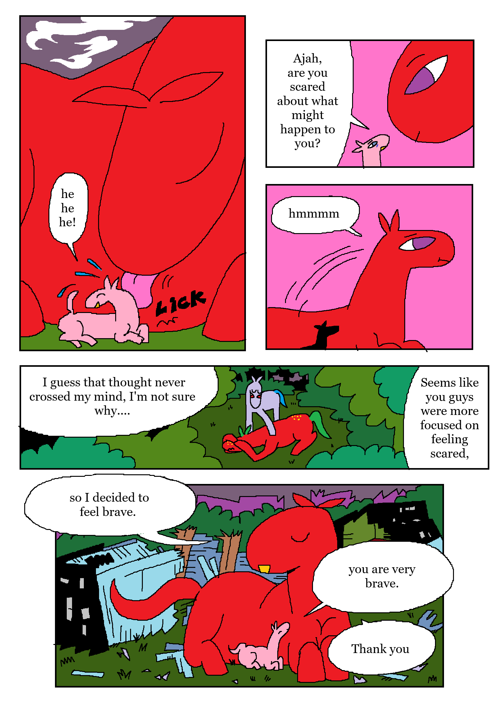 Four-panel comic with colorful characters, including a pink creature, a red dragon, and a blue creature, discussing fear and bravery.