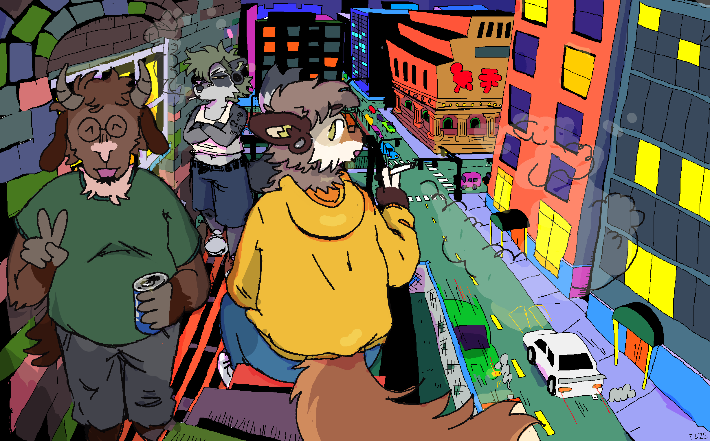 Three anthropomorphic animals on a city rooftop at night, overlooking colorful buildings and a busy street with cars.