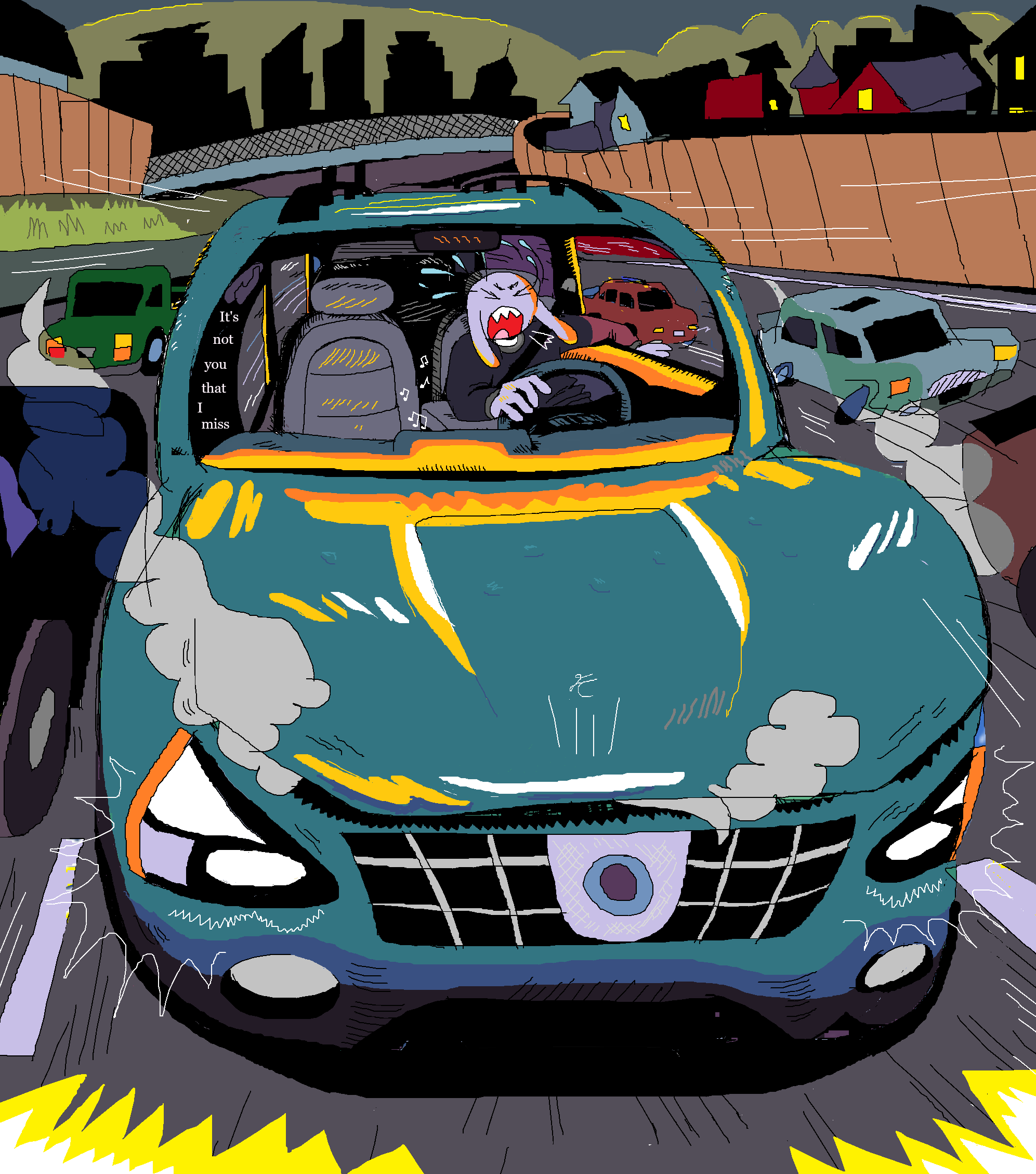 Car speeding with a driver showing an angry face, smoke and dust around, cityscape in background.