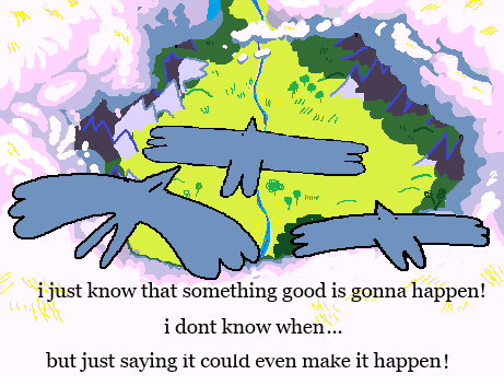 Three blue birds flying over a green landscape with mountains and sky, with text about hope and possibility.