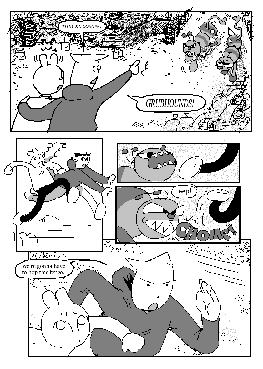 Two characters fight off a group of grumpy dogs, with one character throwing a punch and the other holding a dog. Text: 'Grubhounds!'