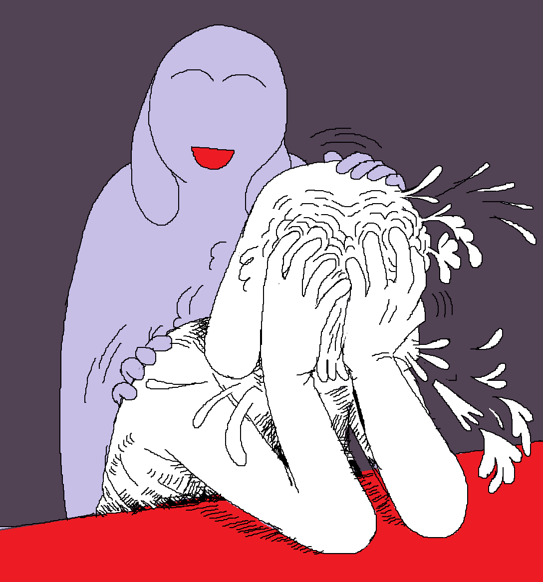 Person with hands on head crying, another person comforting and smiling, dark background, red table surface, cartoon style.
