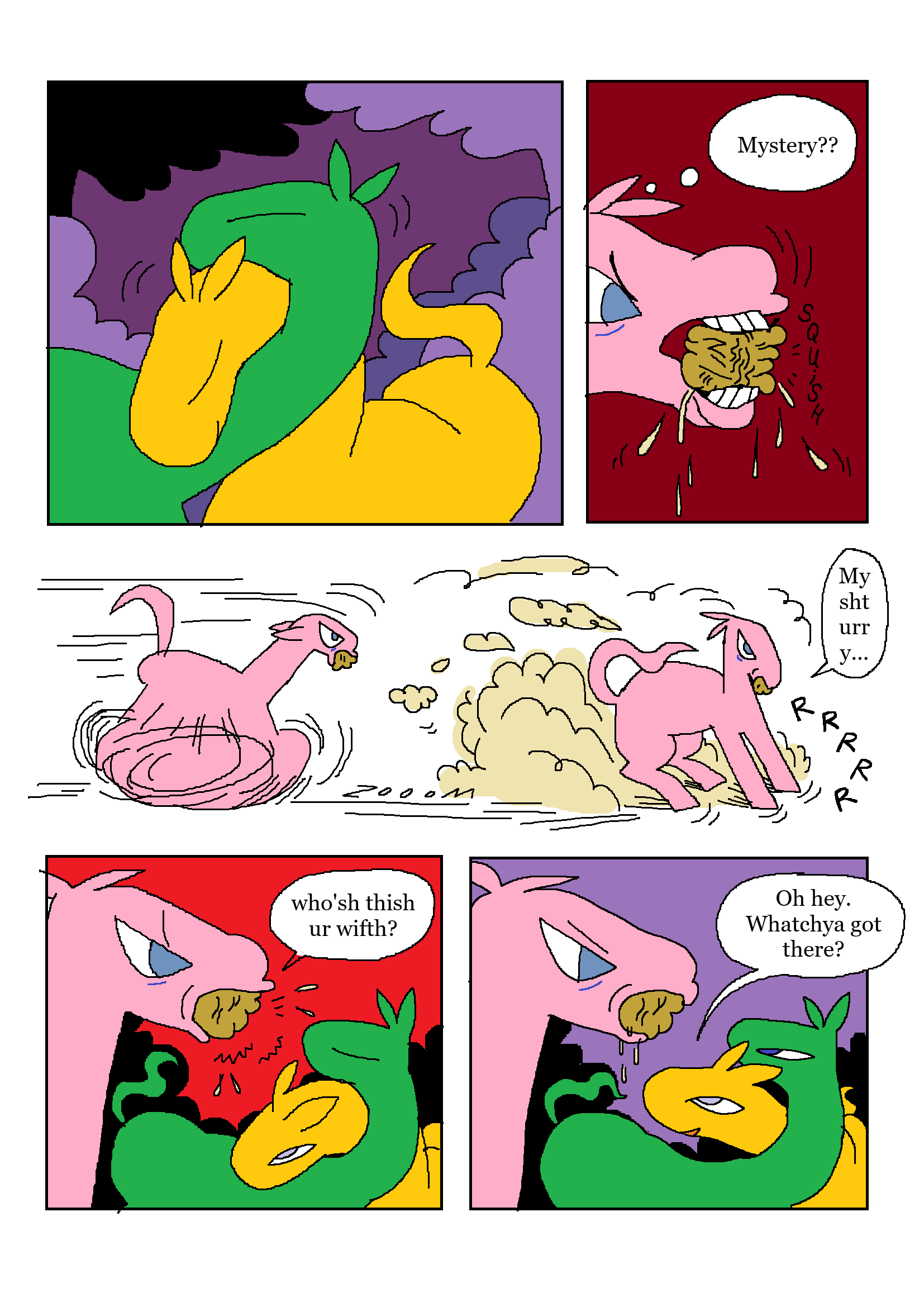 Six-panel comic with colorful characters, including a green and yellow creature, pink creatures, and a red creature. Characters express curiosity and surprise.