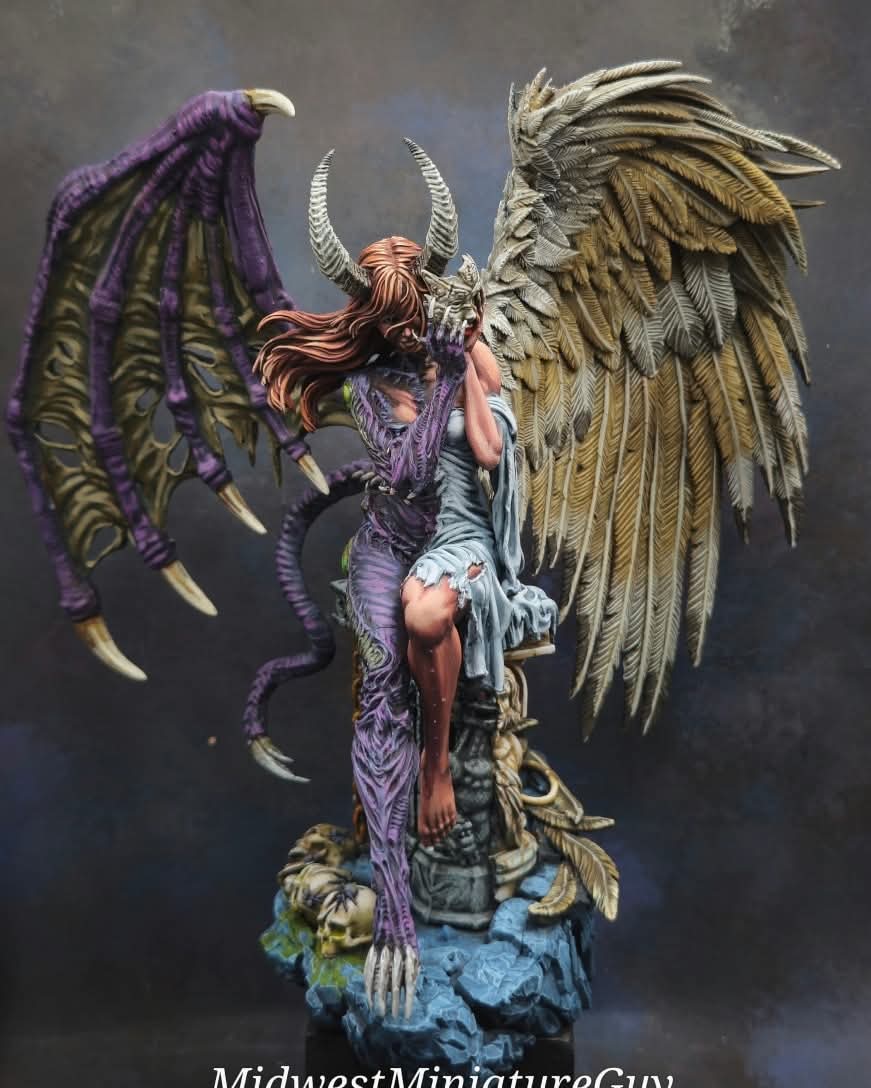 A fantasy creature with large wings, horns, and a human-like body, standing on a rocky base with a skull, against a dark background.