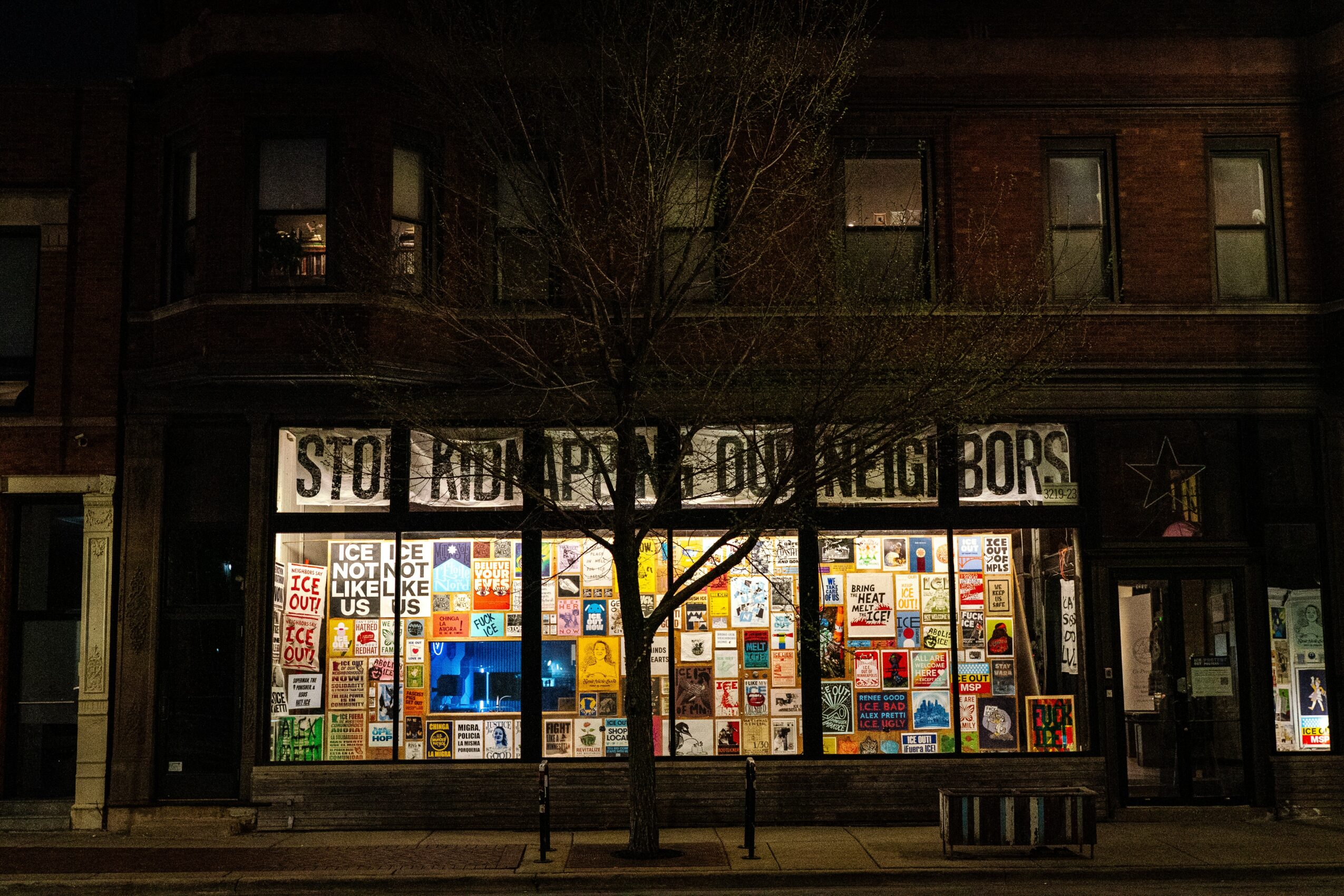 Storefront window display with various posters and signs, a tree in front, and a bench nearby.