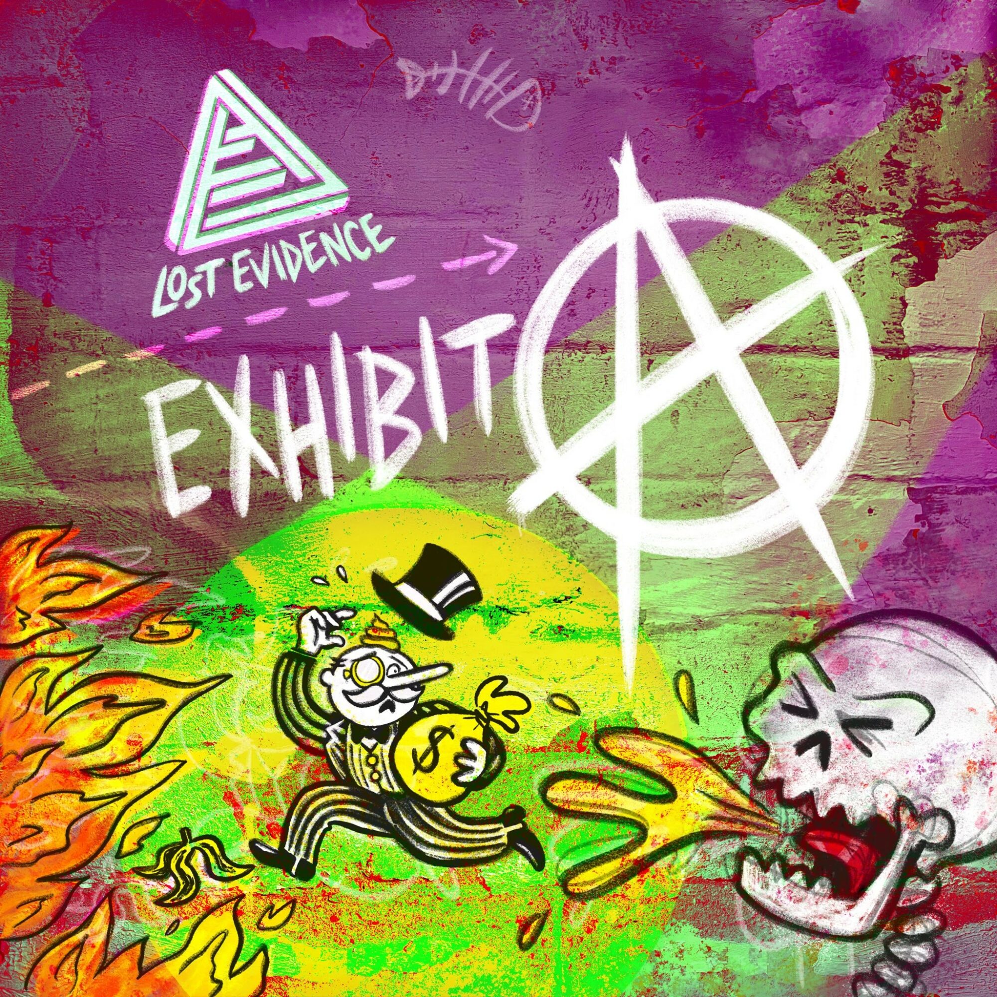 Colorful graffiti art with a skeleton, a character with a top hat, and symbols including an anarchy sign and a triangle, with text 'Lost Evidence' and 'Exhibit'.