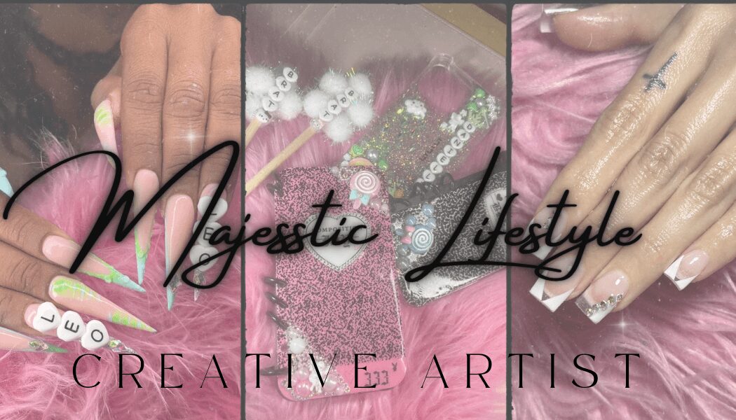 Collage of nail art designs with text 'Majestic Lifestyle' and 'Creative Artist'.