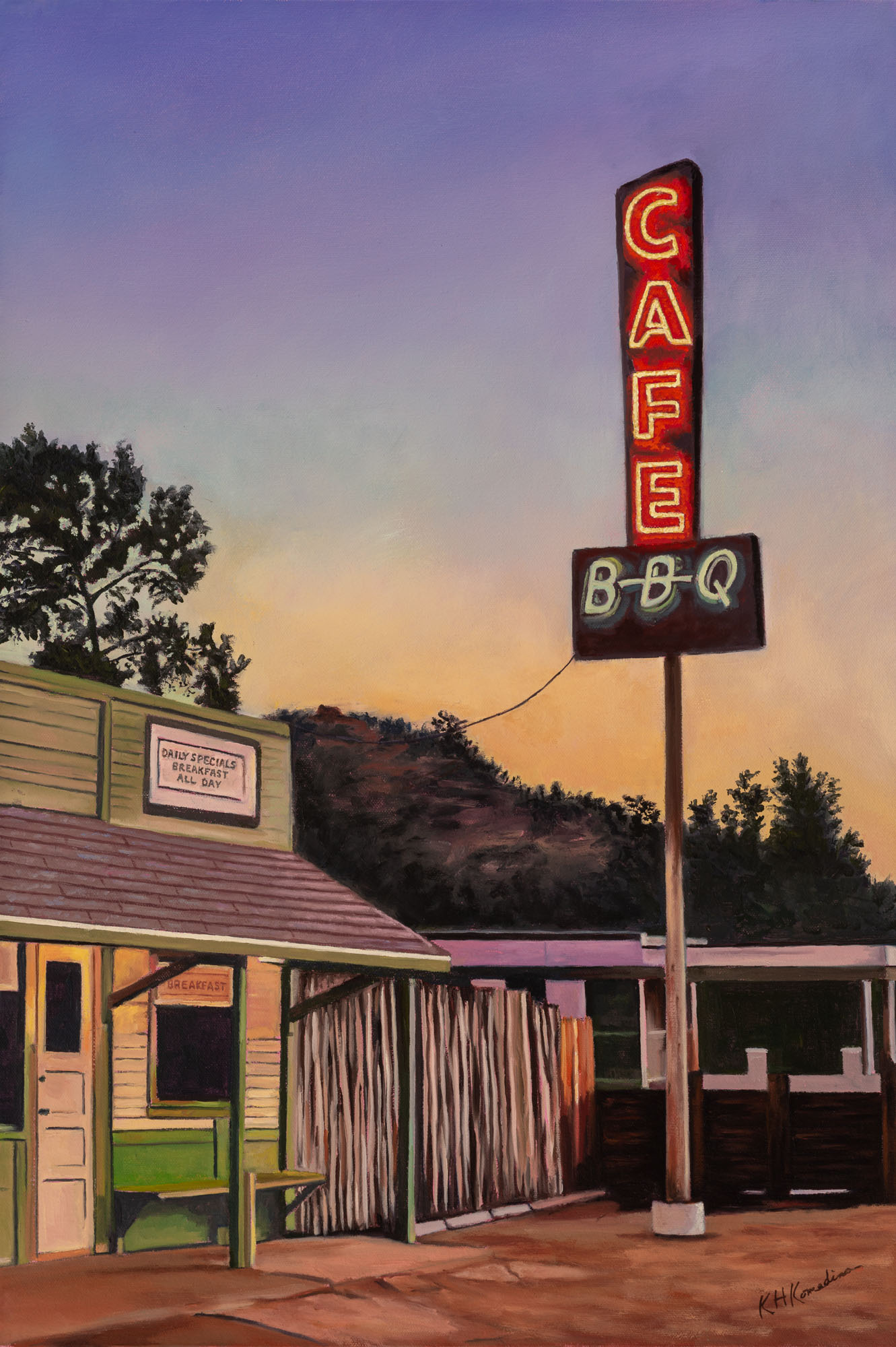Night scene of a cafe with a neon sign reading 'CAFE' and a smaller sign for BBQ, with trees and hills in background.