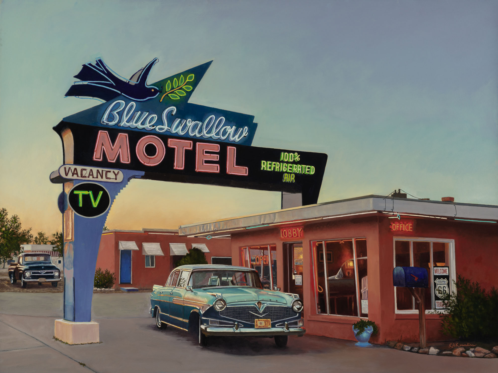 Motel with a vintage car parked outside, neon sign reading 'Blue Surrow' and 'Motel', daytime scene.