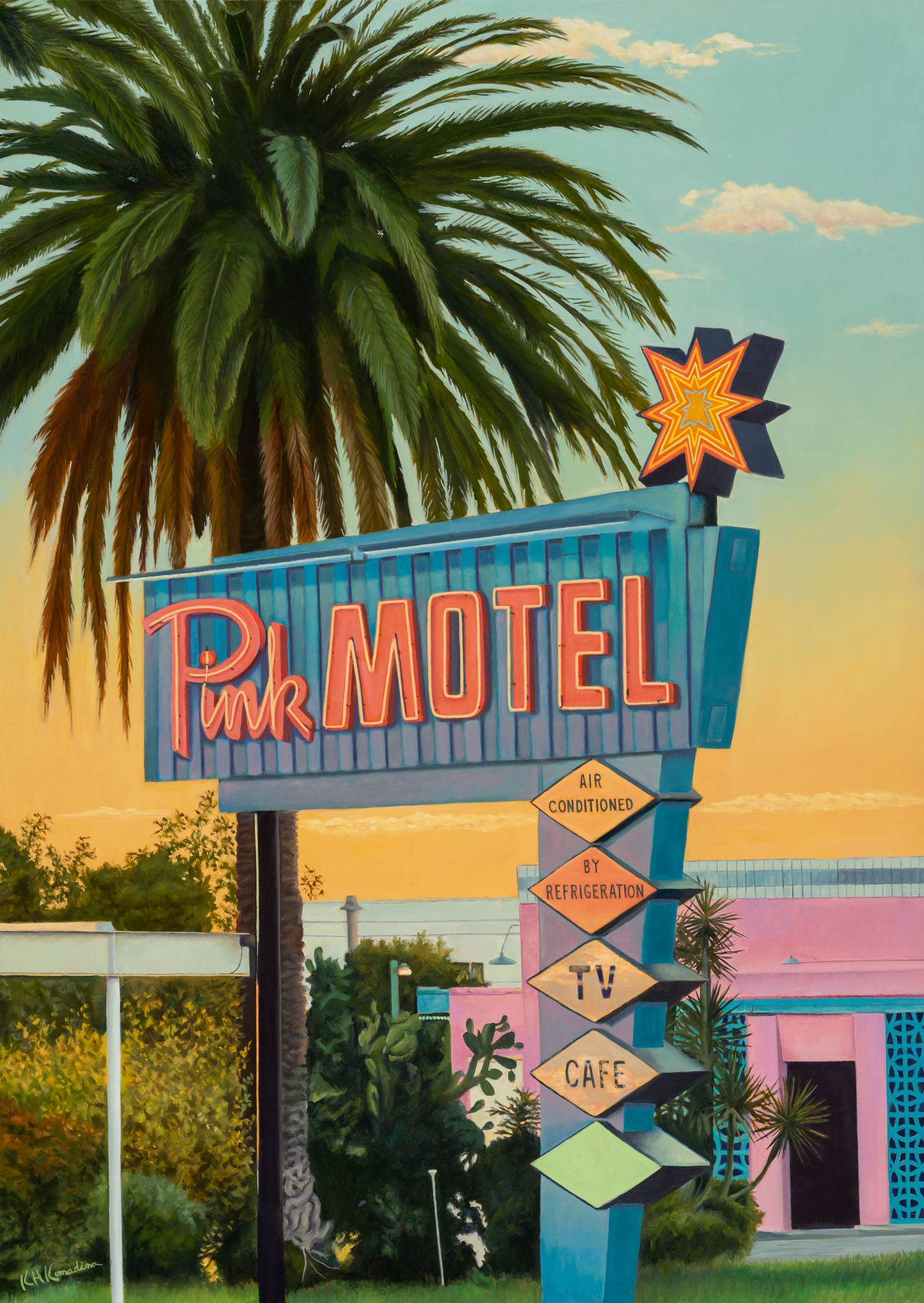 Colorful motel sign with palm tree, sunset sky, and directional signs, including 'TV' and 'Cafe'.