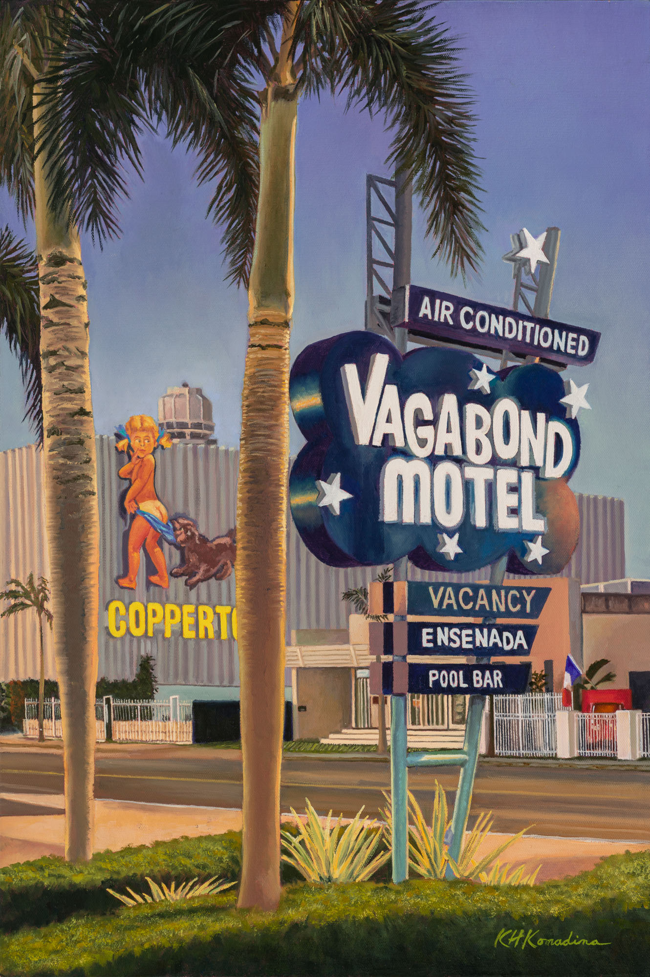 Sign for Vagabond Motel with palm trees and other signs in the background, daytime scene.