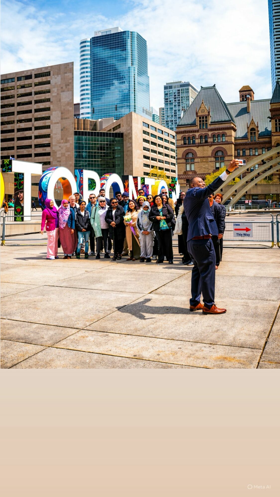Group of people standing outdoors in an urban area with tall buildings and a colorful sign in the background.