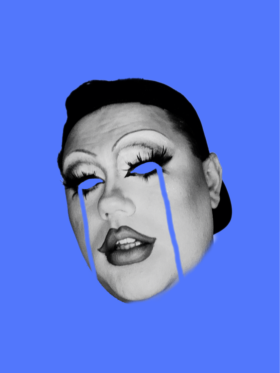 Black and white face with exaggerated makeup and tears, on a blue background.