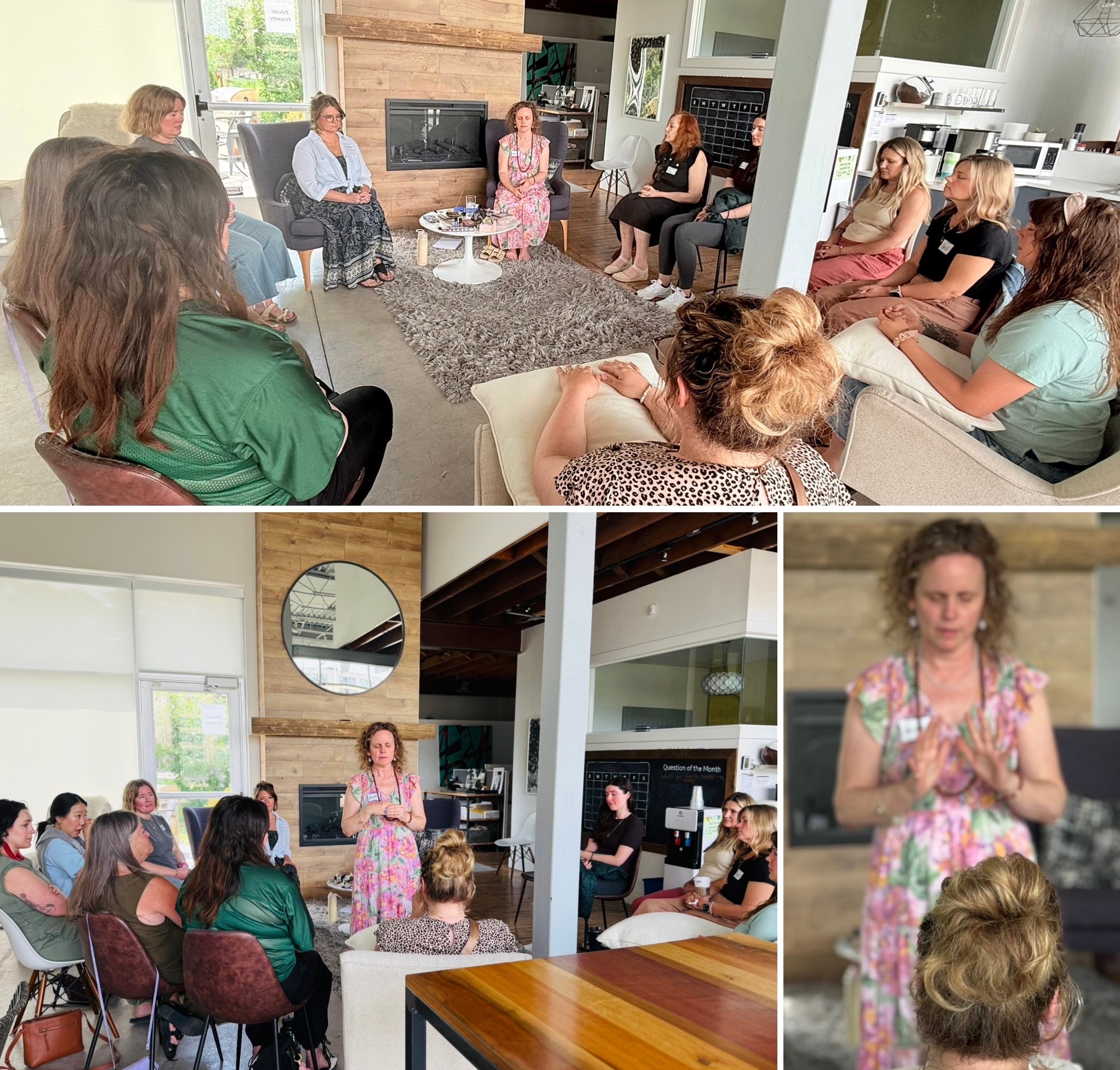 Group of people seated in a living room, listening to a woman in a floral dress speaking, with a TV and window in background.